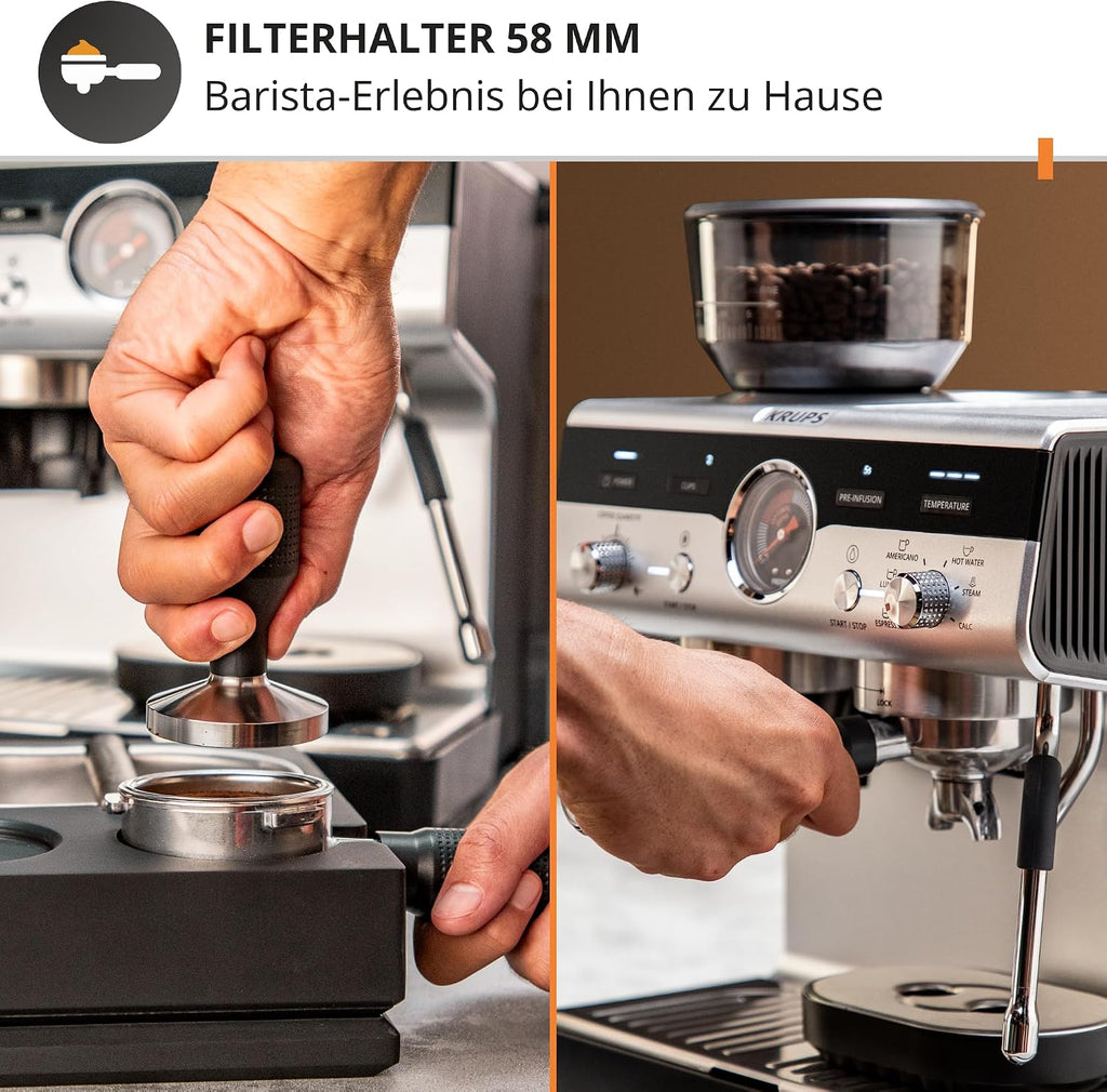 Krups Precision manuelle Siebträgermaschine mit Mahlwerk, Barista Kaffeemaschine mit intuitiver Bedienfläche, Pre-Infusion-Einstellungen, Espressomaschine mit Dampfdüse, schnelles Aufheizen, XP801T10