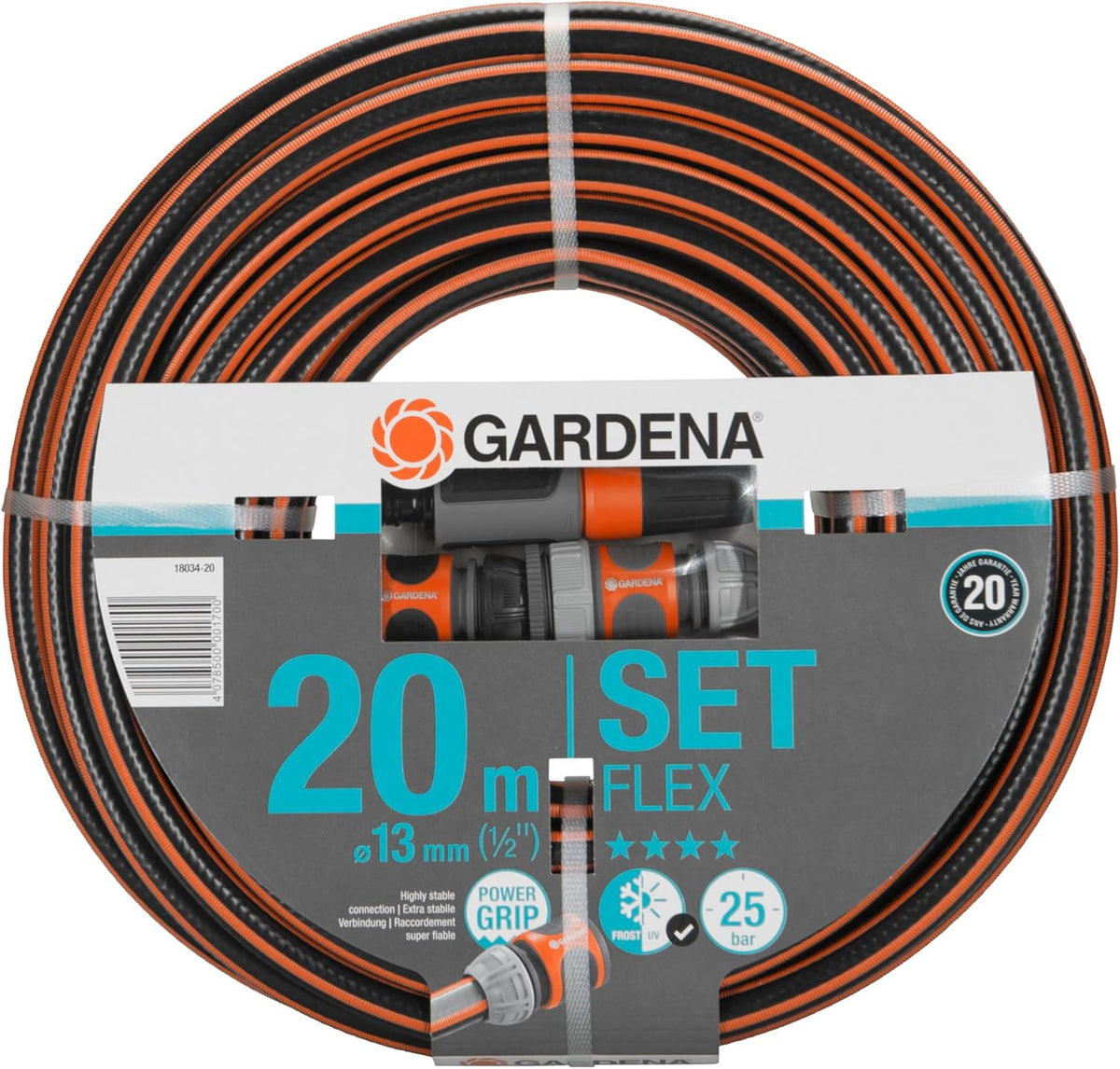 Gardena Comfort FLEX Schlauch 13 mm (1/2 Zoll), 20 m mit Systemteilen: Formstabiler, flexibler Gartenschlauch mit Power-Grip-Profil, aus hochwertigem Spiralgewebe, 25 bar Berstdruck (18034-88)