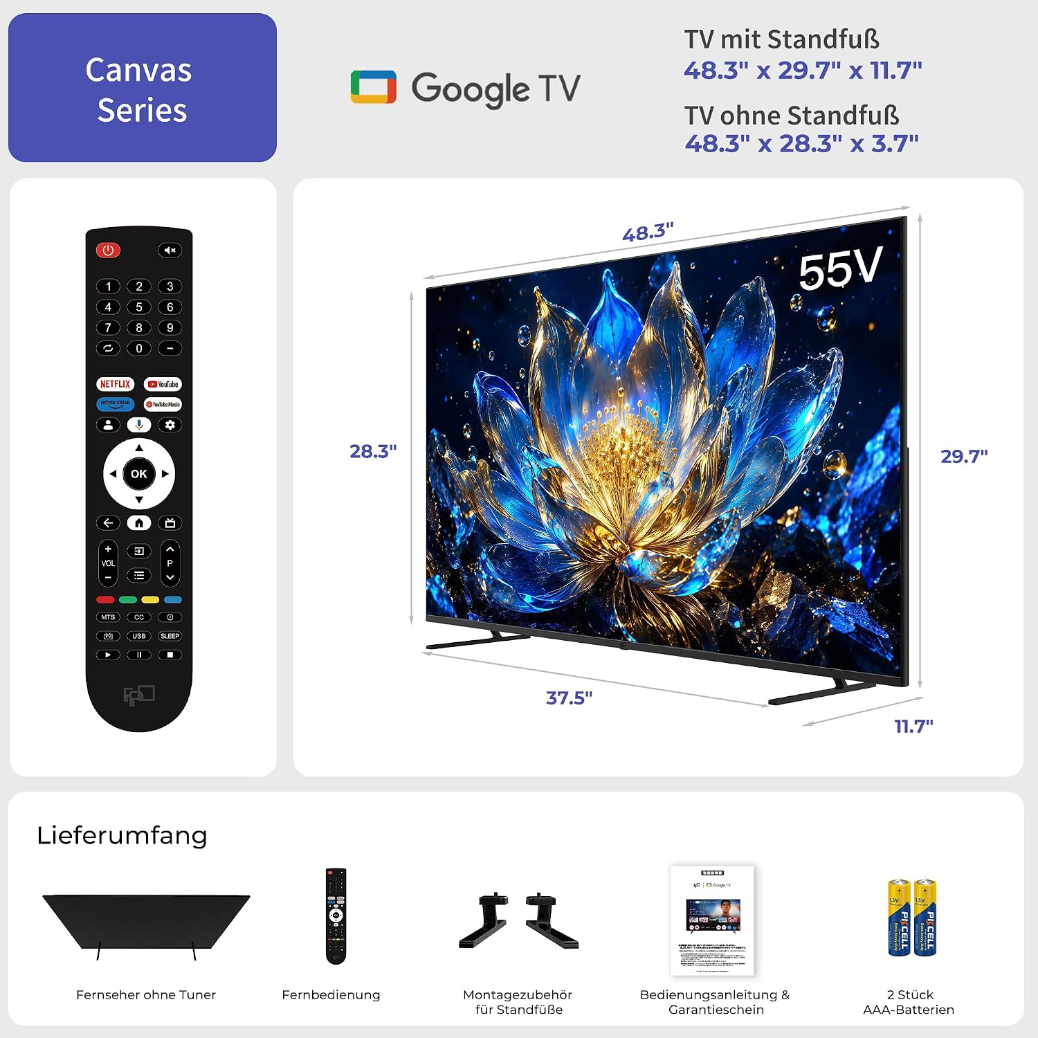 FPD Fernseher 55 Zoll Smart TV, 4K UHD mit Google TV & Google Cast, Dolby Vision und Atmos, HDR 10, MEMC für flüssige Bewegungen