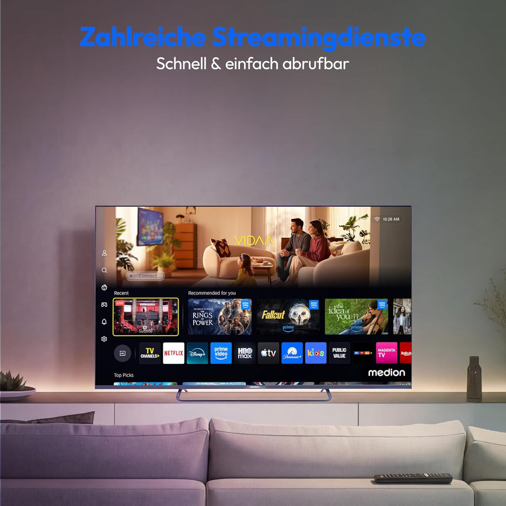 MEDION 125,7 cm (50 Zoll) QLED Fernseher (Smart-TV, Dolby Vision HDR, HBO Max, MagentaTV, Prime Video, Disney+, DAZN, Paramount+, Dolby Atmos, VIDAA Store, PVR, Bluetooth, MD 850602)