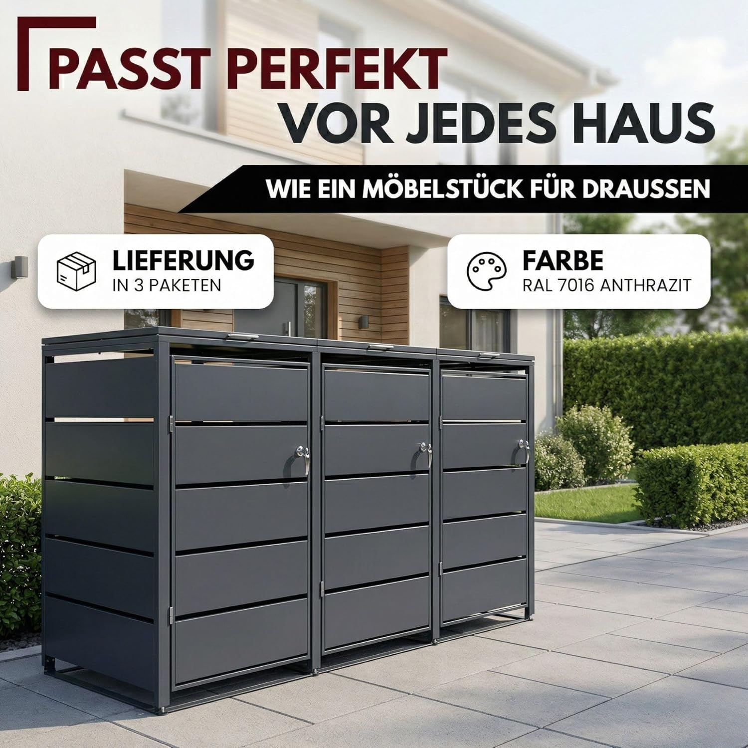 ALBATROS Mülltonnenbox 3er | Metall RAL7016, 120-240L, abschließbar