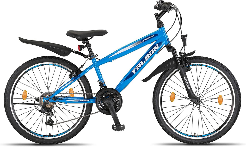 Talson 24 Zoll Mountainbike Fahrrad mit 21-Gang Shimano, Gabelfederung & Beleuchtung Blau