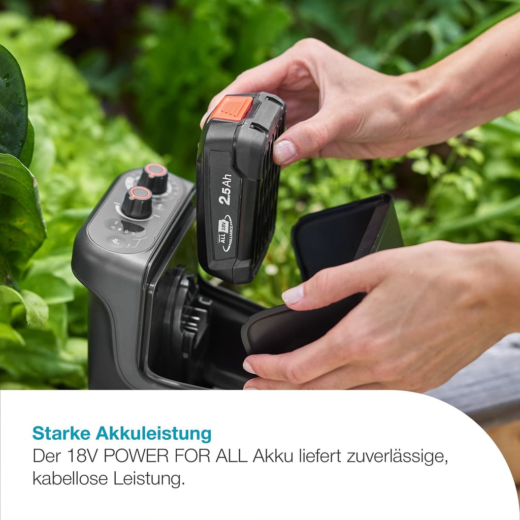 Gardena Akku-Regenfasspumpe 2600 Comfort 18V P4A Ready-To-Use Set: Bewässerungsintervalle, Leistungseinstellung, Passt zum Wasserbehälter, Konstanter Druck, Kabellos (14604-20)