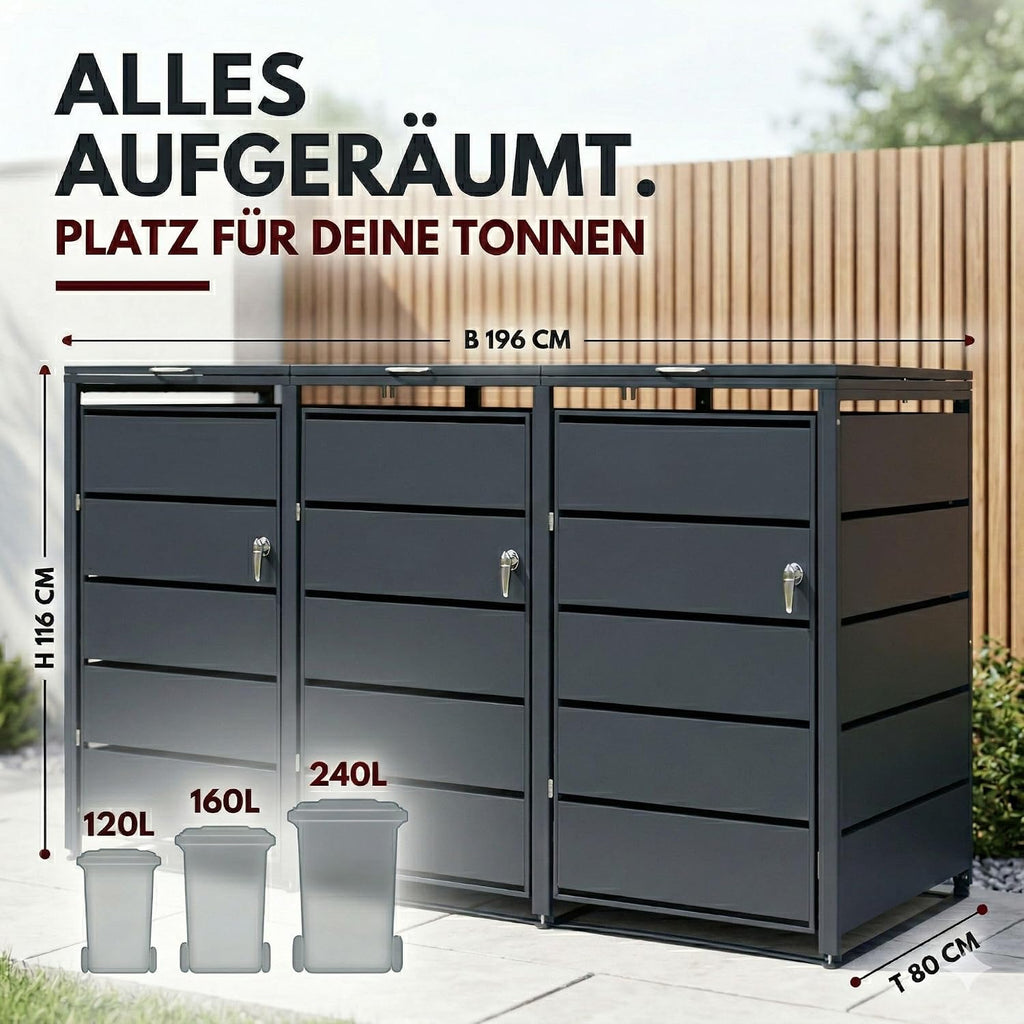 ALBATROS Mülltonnenbox 3er | Metall RAL7016, 120-240L, abschließbar