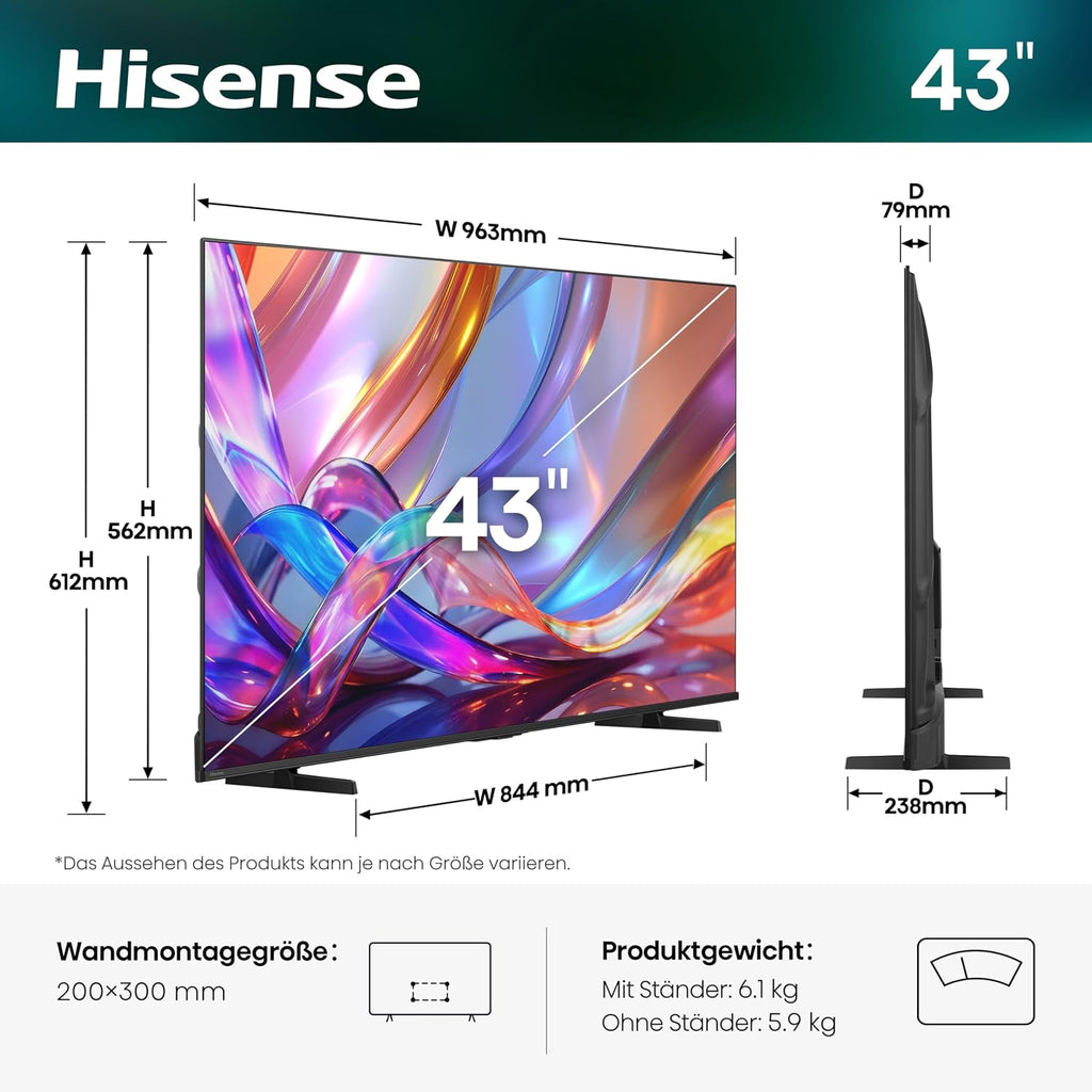 Hisense 43E7DS Fernseher 43 Zoll, 4K UHD QLED, Smart TV, Hi View AI Engine, 60Hz Game Mode Plus, Dolby Vision IQ, QLED Colour, Filmmaker, Smooth Motion, Airplay, Sprachsteuerung, 2026