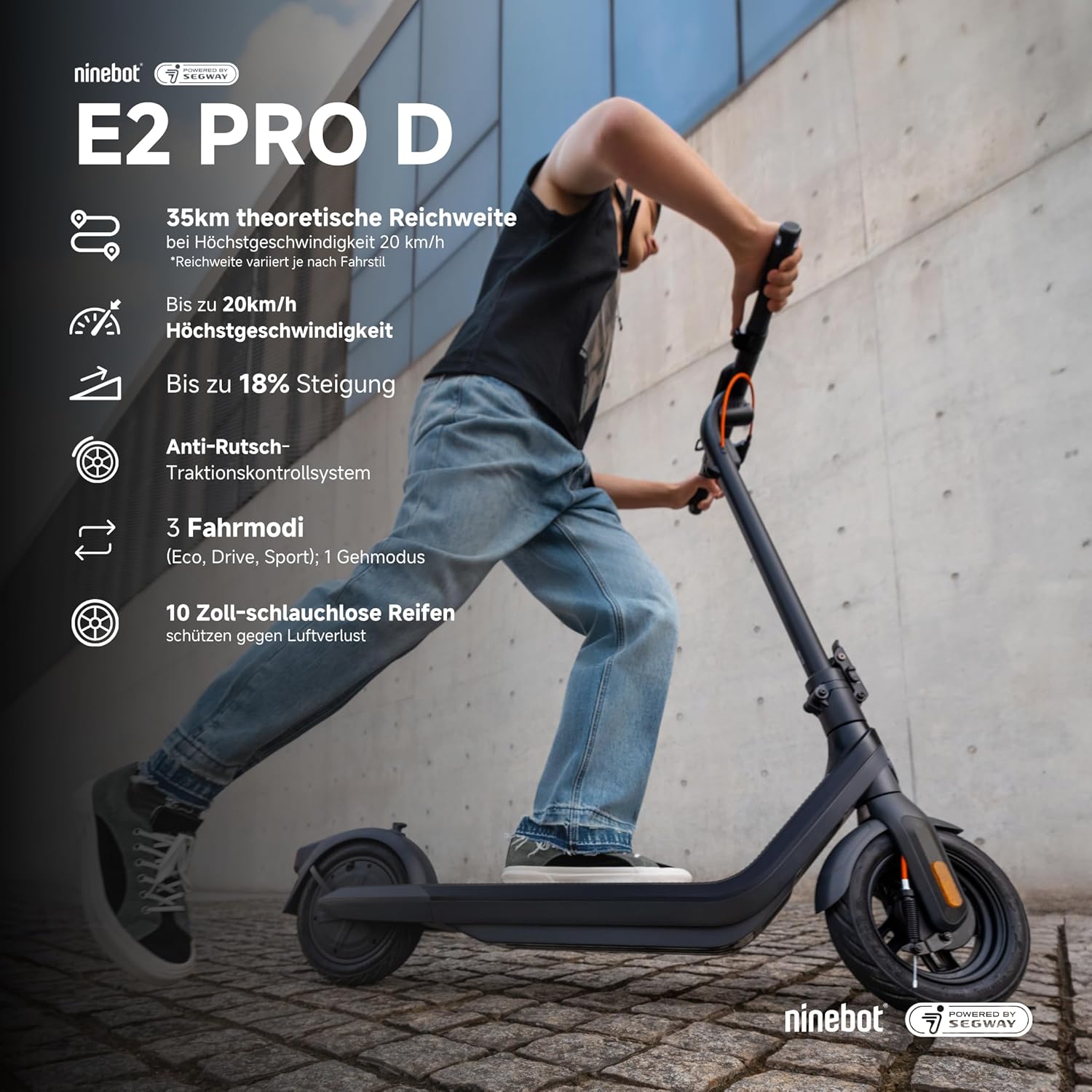 Segway-Ninebot E2 Pro D E-Scooter, 20 km/h, bis zu 35 km Reichweite, 275 Wh Akku, 10 Zoll schlauchlose Luftreifen, TCS, Dual-Bremssystem, LED-Display, faltbar, Schwarz