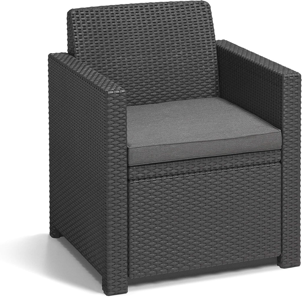 Allibert by Keter Merano Gartenmöbel Set aus Kunststoff, inkl. Sitzkissen, grau, 4-teilig, 2 Sessel, Sofa & Tisch, für Garten & Terrasse, Flache Rattanoptik