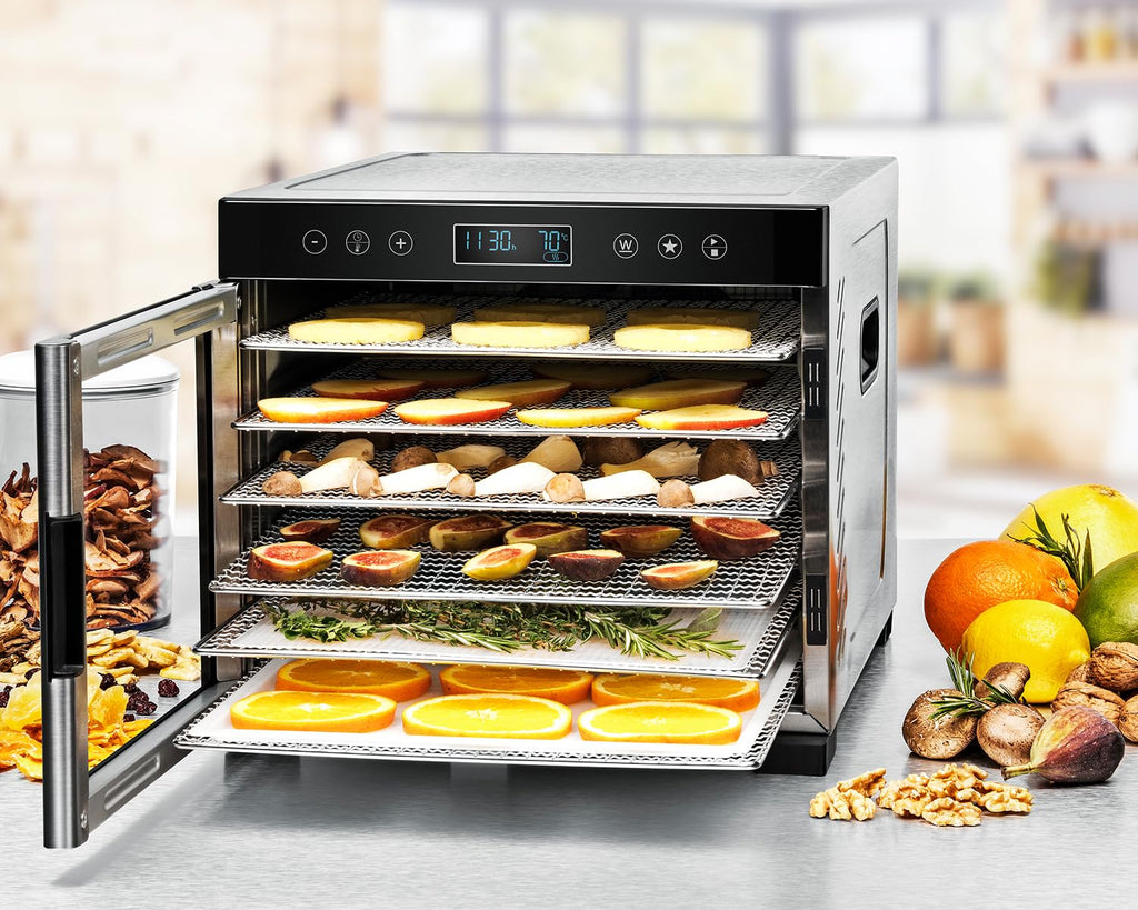 ROMMELSBACHER Dörrautomat DA 1000, XXL-Dörrfläche 1,6 m², inkl. 10 Edelstahl-Dörrtabletts, 2 Dörrgitter, 2 Dörrmatten, LED-Display, 24 Std. Zeitschaltuhr, Temperatur einstellbar (35 °C – 75 °C)o