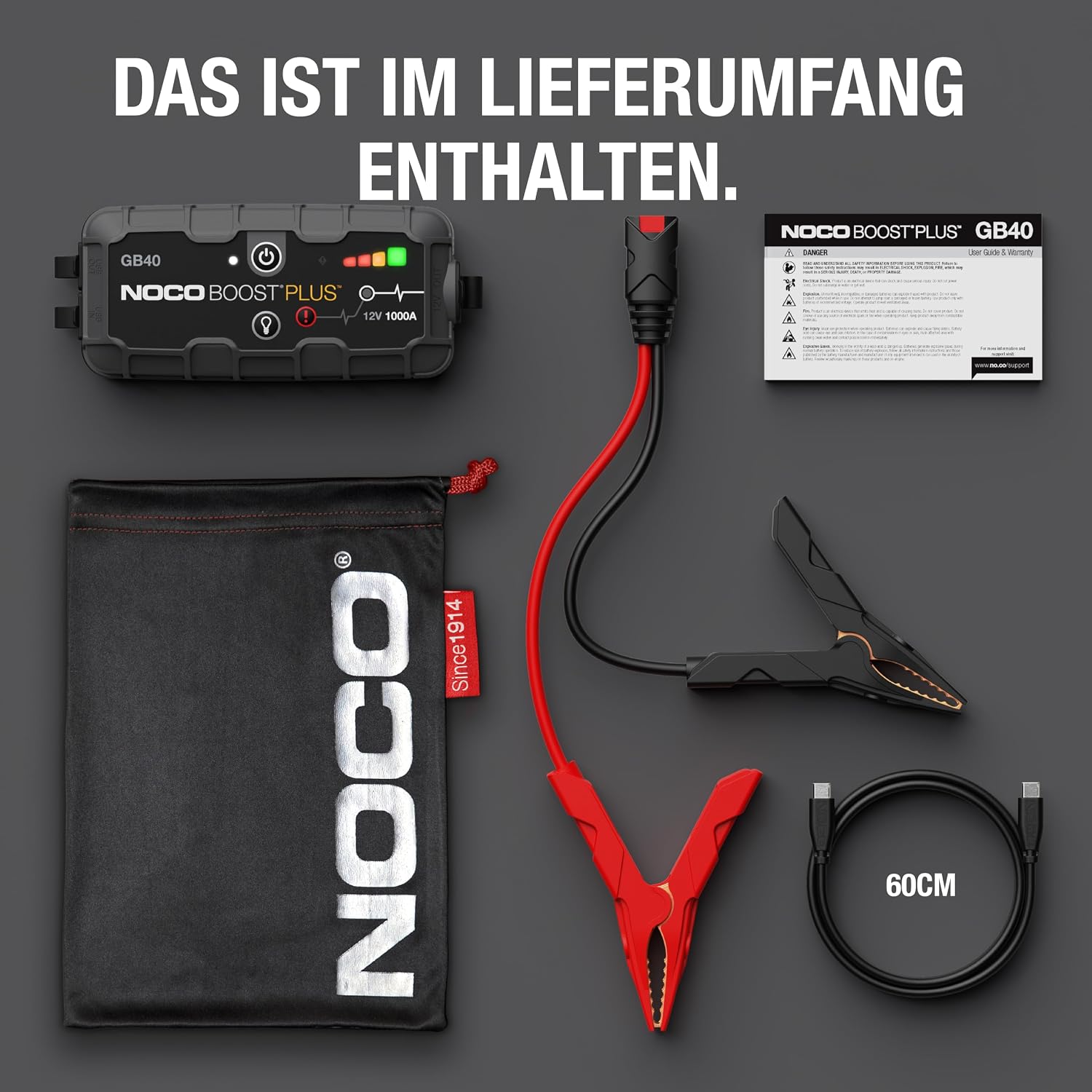 NOCO GB40 Starthilfe Powerbank 1000A – 12V, IP65, 20 Starts, LED, USB-C, Pkw/Motorrad/Boot, 1,1kg