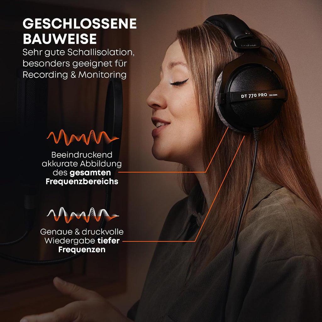 Beyerdynamic DT 770 PRO Over-Ear Studio Headphones in Black Closed design, wired for professional recording and monitoring. | Closed design, 80 ohm impedance, bass reflex system, velour ear pads, interchangeable parts, made in Germany