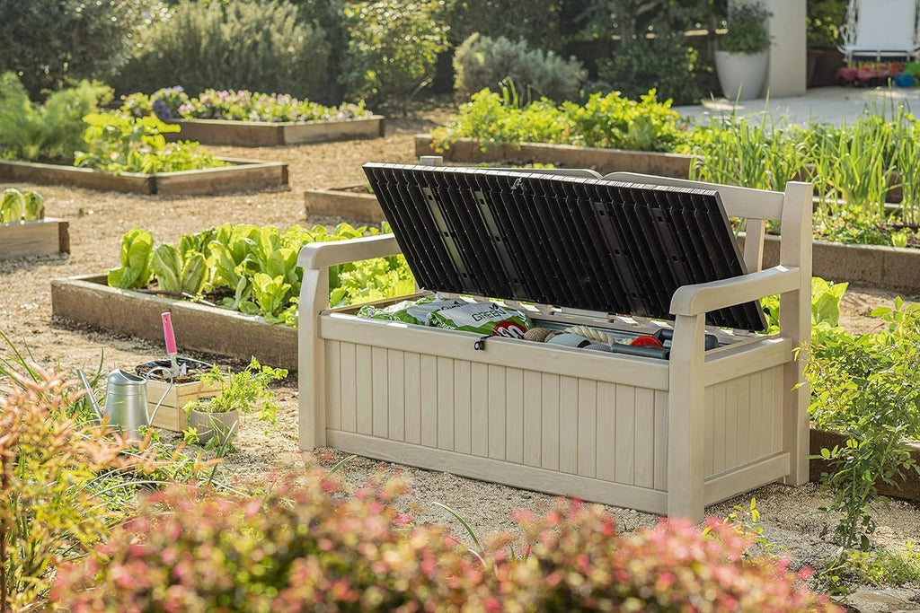 Keter Sitzbank Eden für Balkon und Garten, Gartenbank mit integrierter Kissenbox mit 265 l Stauraum, 140x60x84cm, wetterfest, pflegeleicht, beige, Outdoor, Holzoptik