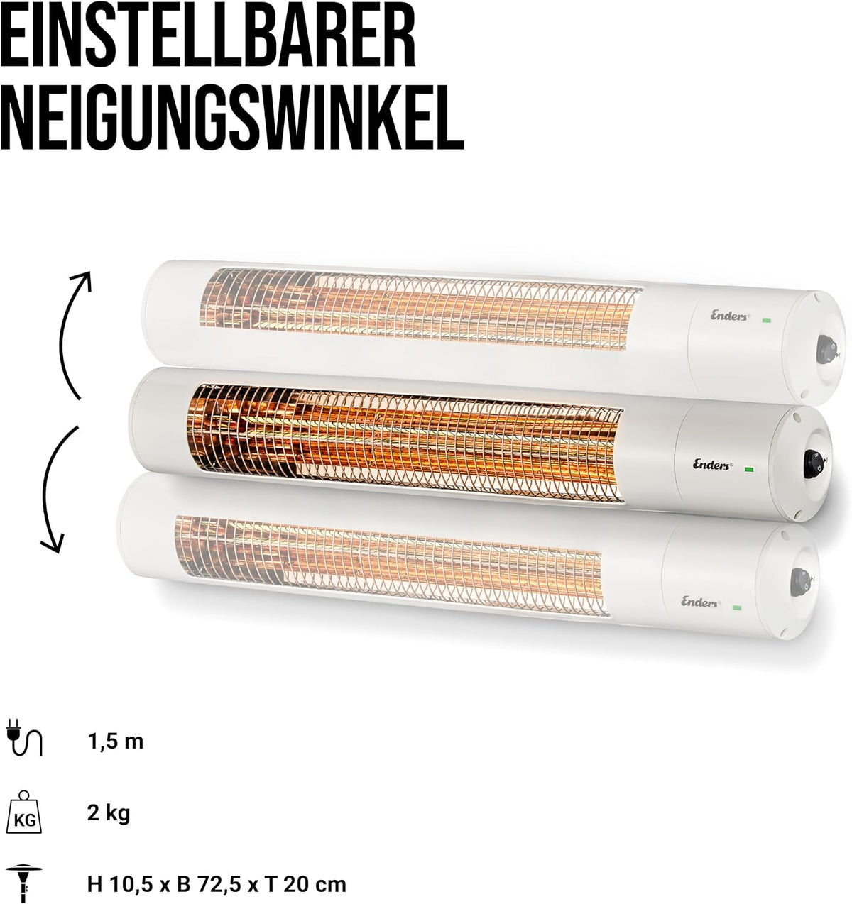 Enders Wandheizstrahler Oxeo White, Elektrostrahler, Heizpilz, Halogenstrahler, Infrarot-Strahlungswärme, 3 Leistungseinstellungen bis 2.000 W, Fernbedienung und Wandhalterung, Neigungswinkel #49286
