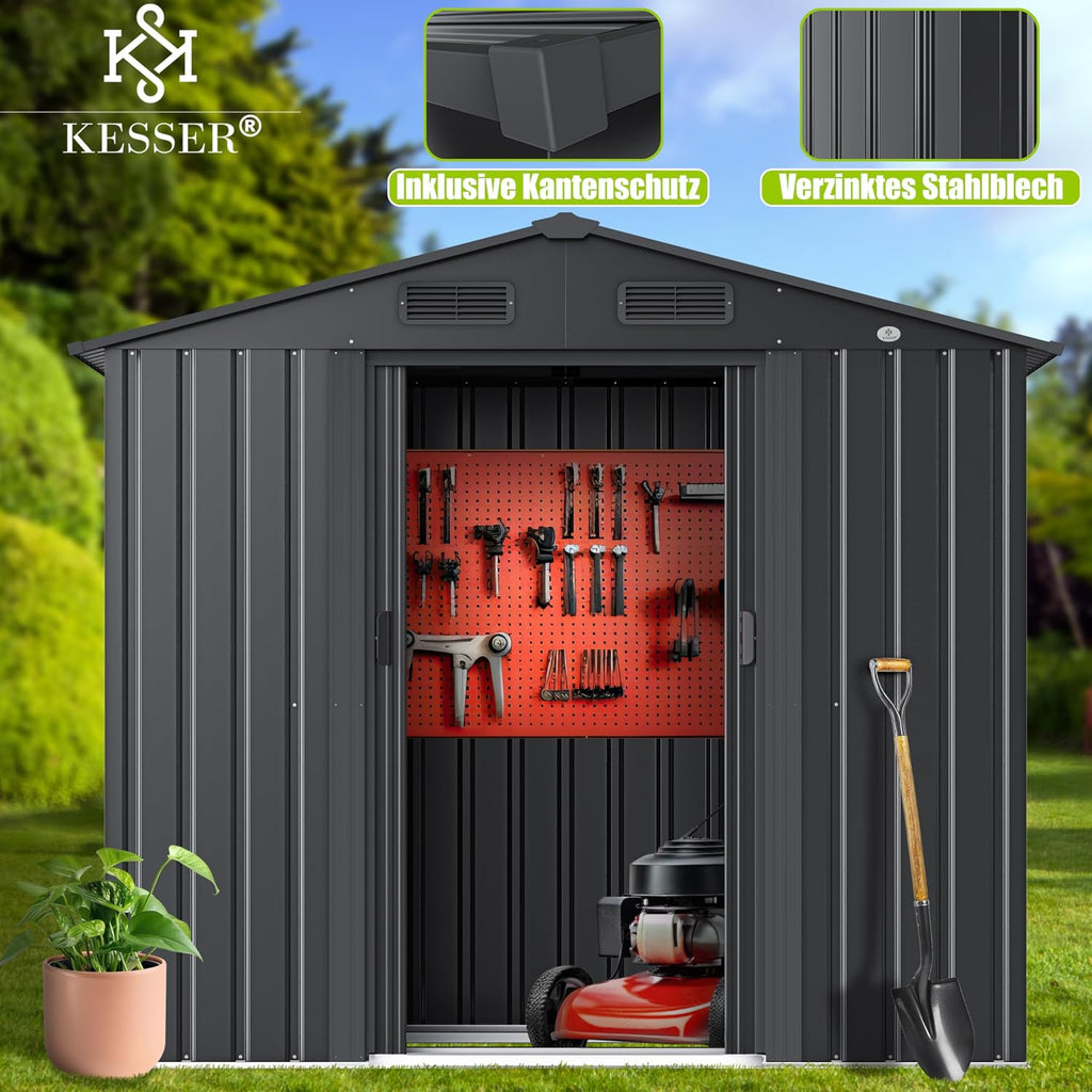 KESSER® XL Metall Gerätehaus 4,2m³ mit Fundament | Inkl. Arbeitshandschuhe | 195x131x186cm | 2X Schiebetür & Fundament | Geräteschuppen | Gartenhaus Schrank | Satteldachdach Garten Schuppen Anthrazit