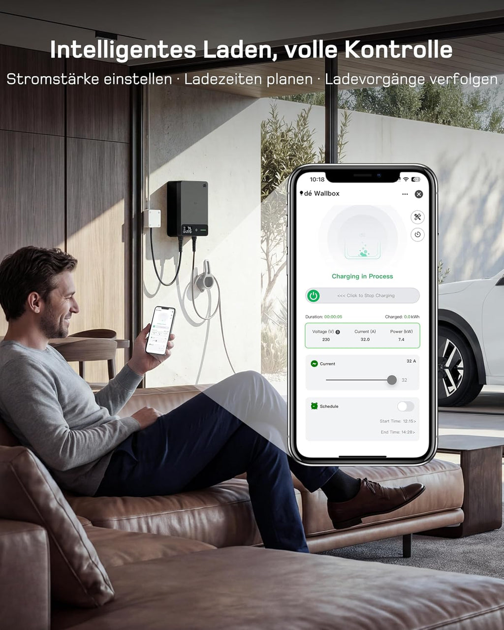 dé Wallbox 7kW APP [6-32A, 1-Phase] Elektrofahrzeug-Ladestation mit 7,5m Typ 2 Ladekabel, RFID und Steckerhalterung, Ladestation mit RCD Typ-B & IP54 Schutz für E-208 & andere BEV/PHEV