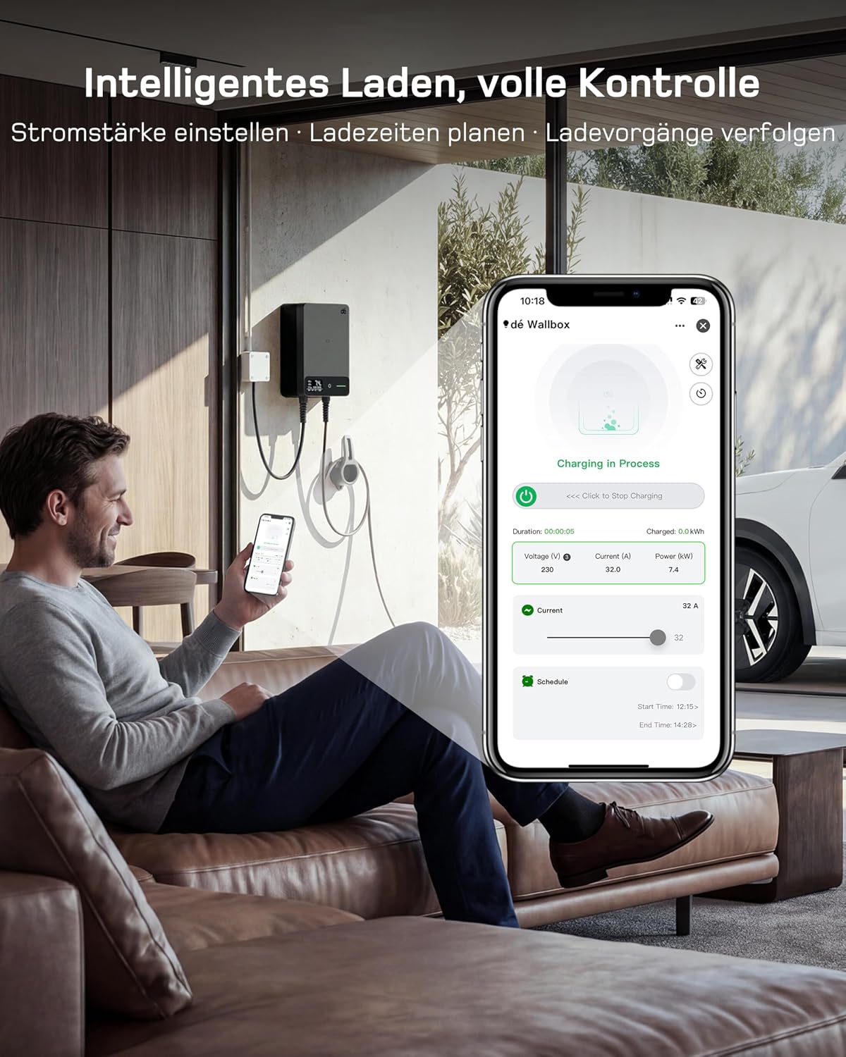 dé Wallbox 7kW APP [6-32A, 1-Phase] Elektrofahrzeug-Ladestation mit 7,5m Typ 2 Ladekabel, RFID und Steckerhalterung, Ladestation mit RCD Typ-B & IP54 Schutz für E-208 & andere BEV/PHEV