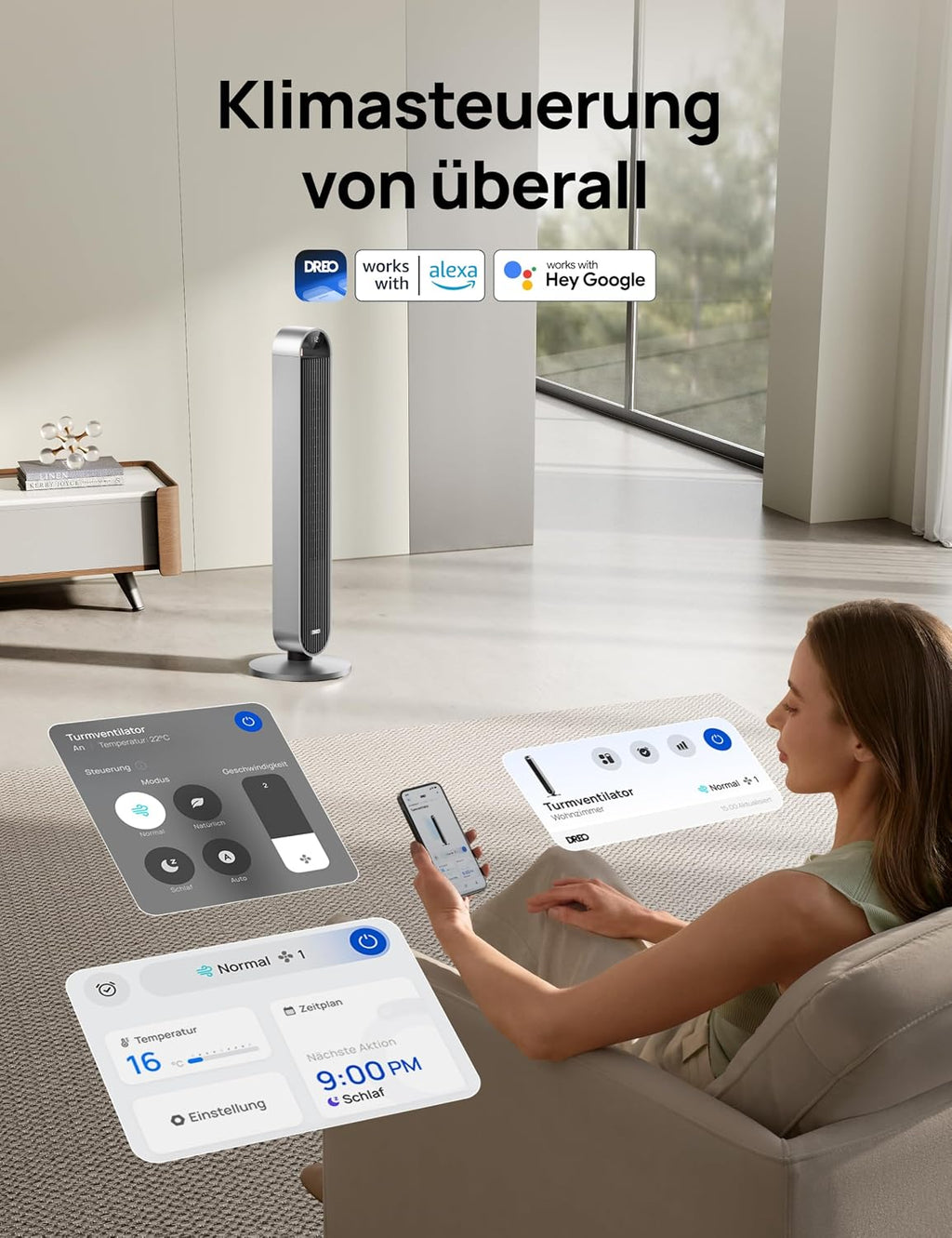 DREO Smart Turmventilator Sehr Leise, 120° Oszillierender Ventilator mit Kühlung, 25dB Standventilator mit Fernbedienung für Schlafzimmer, 12 Geschwindigkeiten, 4 Modi, 12-Stund-Timer, Pilot Max S