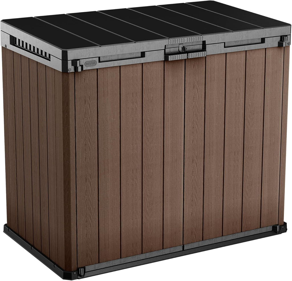 KETER Store-It-Out Darwin Mülltonnenbox, 1150L Gartenbox mit Holz-Look, Aufbewahrungsschrank für 2X 240L Mülltonnen, abschließbar, wetterbeständig, braun, 141x82x120 cm