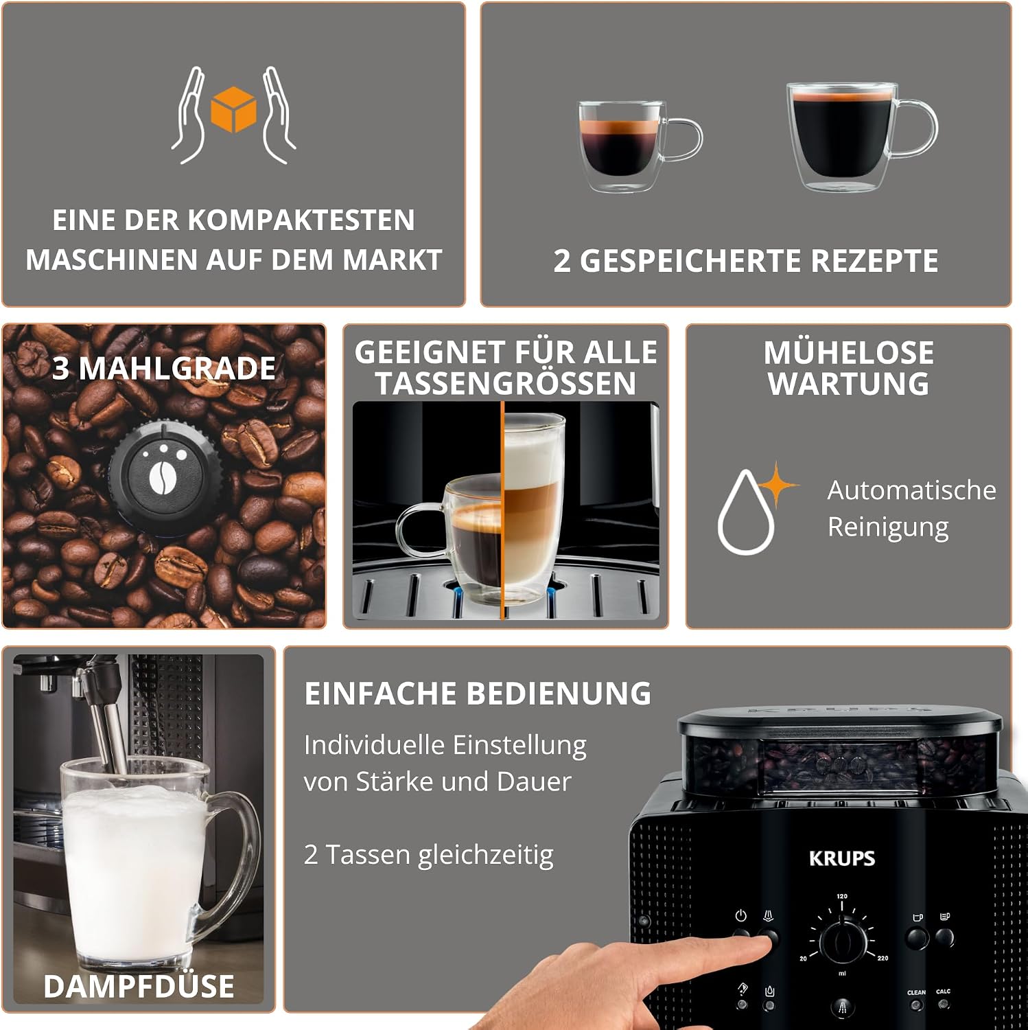 KRUPS Arabica Picto Kaffeevollautomat, kompaktes Design, einfache Bedienung, intuitiv einstellbarer Drehregler, Milchschaumdüse, 2-Tassen-Funktion, Kaffeemaschine, Schwarz, EA810870