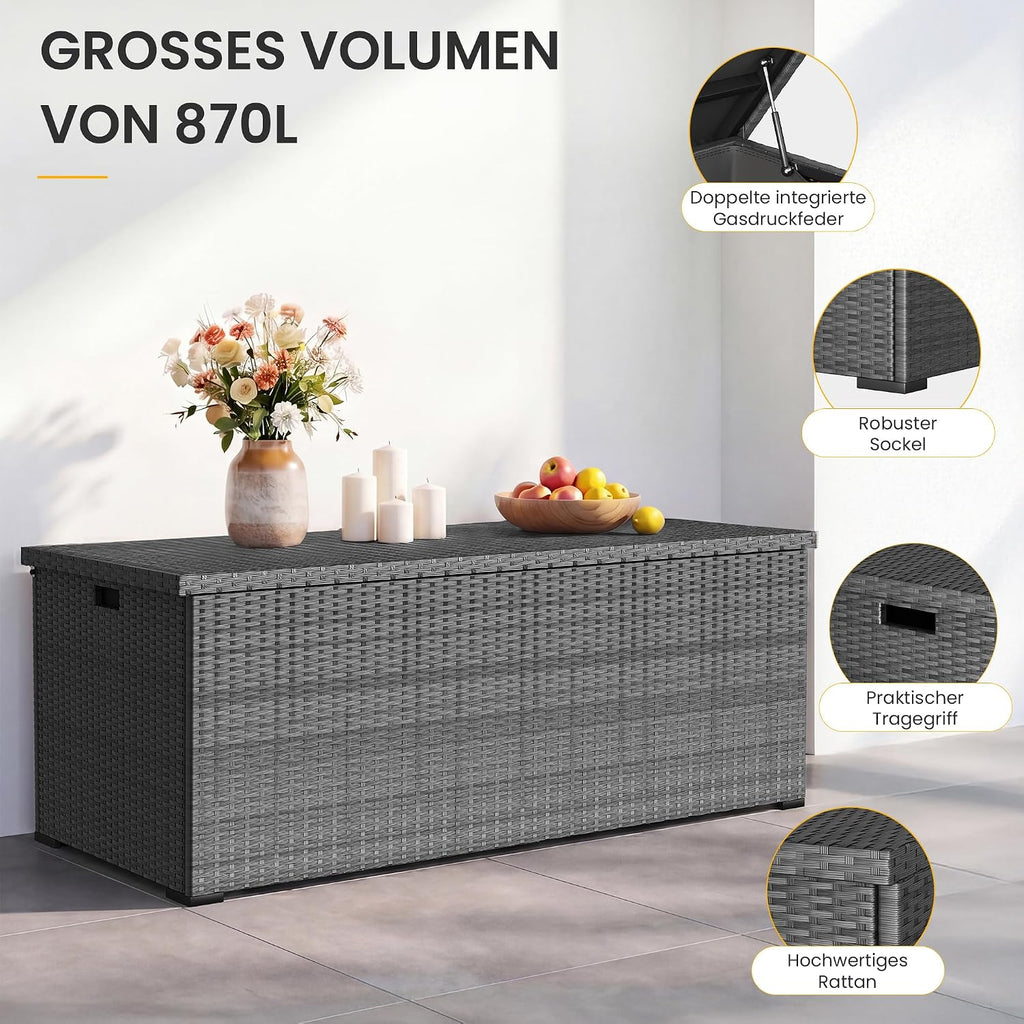 UDPATIO Gartenbox Wasserdicht 870L, Aufbewahrungsbox Garten XXXL, Auflagenbox Wetterfest, Kissenbox Outdoor mit Deckel, Gasdruckfedern, ideal für Garten, Terrasse & Balkon | Grau