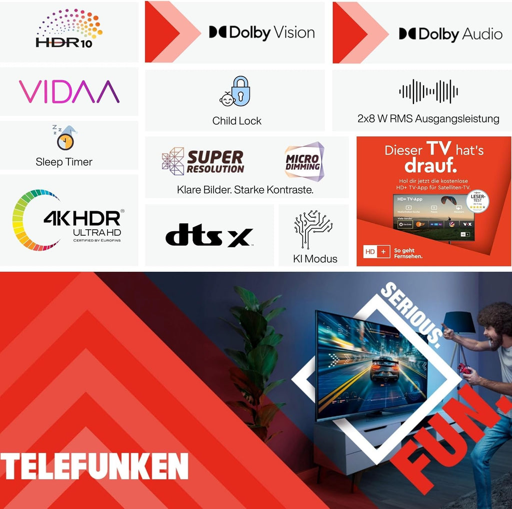 TELEFUNKEN D43U790B2CW Fernseher 43 Zoll VIDAA Smart TV 4K UHD Auflösung