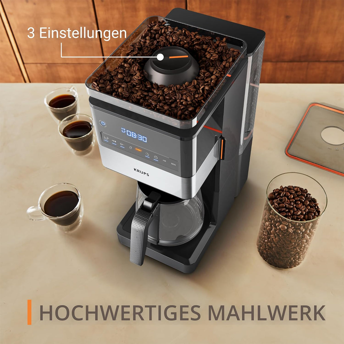 KRUPS Grind Aroma XL Filterkaffeemaschine, abnehmbares Kegelmahlwerk, digitales Bedienfeld, XL-Fassungsvermögen (1,5 L), Warmhaltefunktion, Glaskanne, Schwarz/Edelstahl, KM842810
