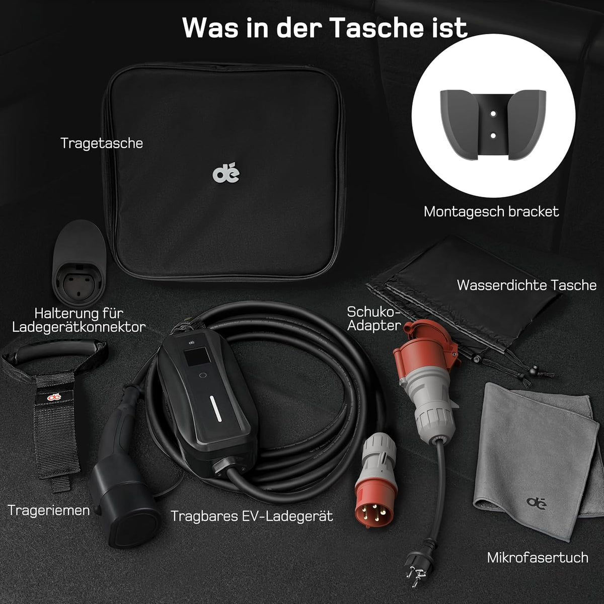 dé Mobile Wallbox 11 kW [3-Phase, 7 m, 6-16 A] with Adjustable Charging Power | Charging cable for car CEE 16A 400V to type 2 charging cable, RCD type A 30mA AC + 6mA DC, IP66, EV charger for BEV/PHEV