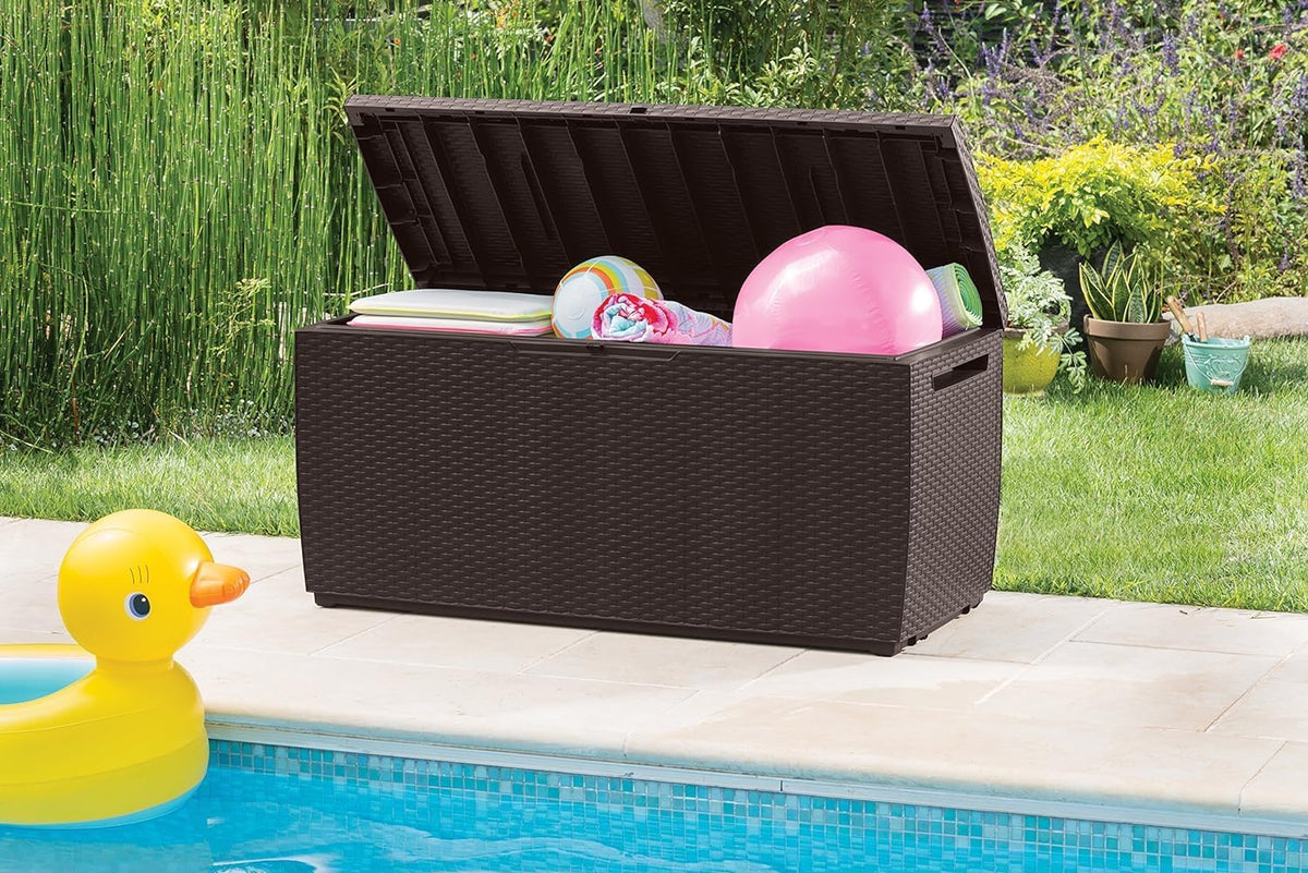 Keter Gartenbox Capri , 305 Liter Stauraum, Aufbewahrungsbox für den Garten, Braun, kompakte Auflagenbox, wasserdicht, perfekt für Sitzauflagen, Gartengeräte oder Spielzeug
