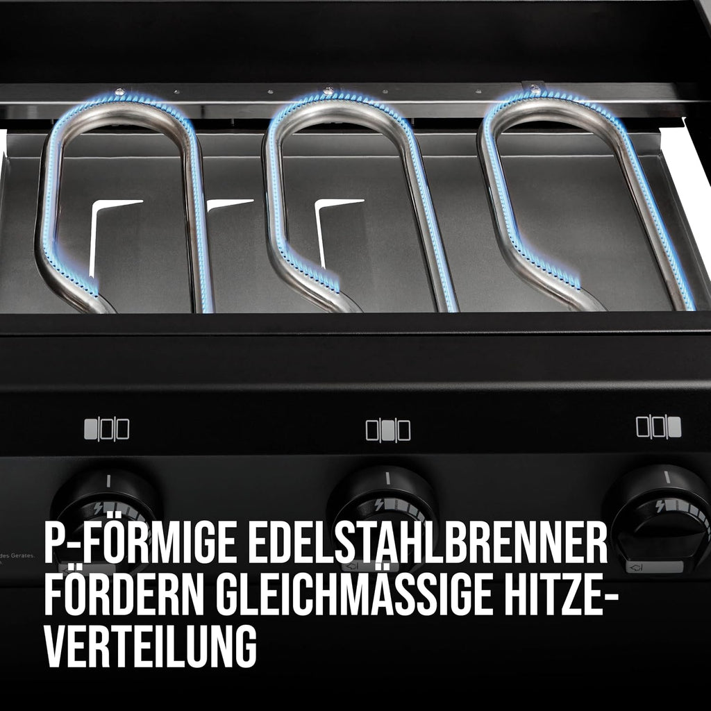 Enders AMARO 3 Plancha Gasgrill Griddle, 3 Edelstahlbrenner, massive Edelstahl-Plancha mit Tragegriffen, große Grillfläche, abnehmbare Haube, 4 Haken, abnehmbare Körbe, Ablagefach #82216