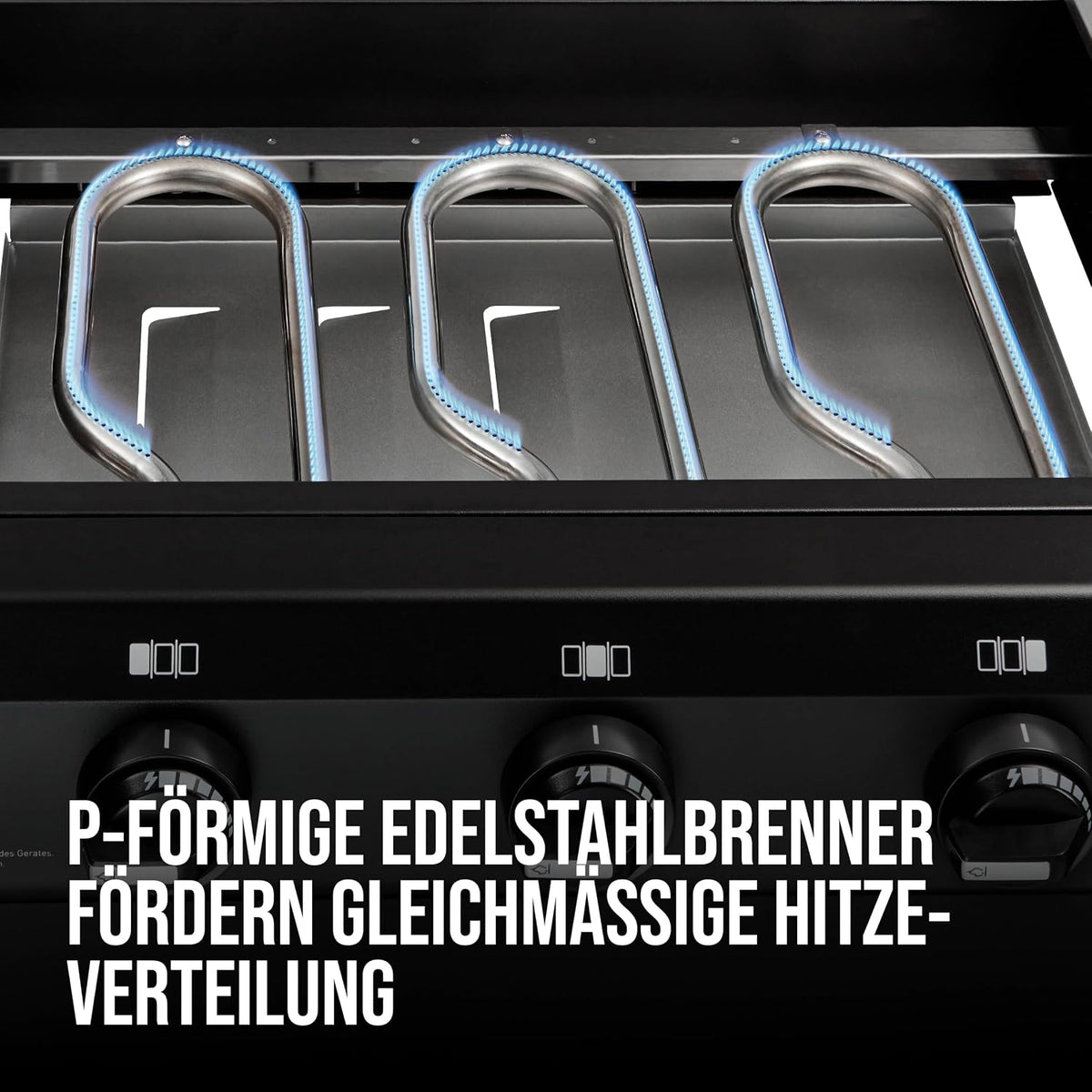 Enders AMARO 3 Plancha Gasgrill Griddle, 3 Edelstahlbrenner, massive Edelstahl-Plancha mit Tragegriffen, große Grillfläche, abnehmbare Haube, 4 Haken, abnehmbare Körbe, Ablagefach #82216