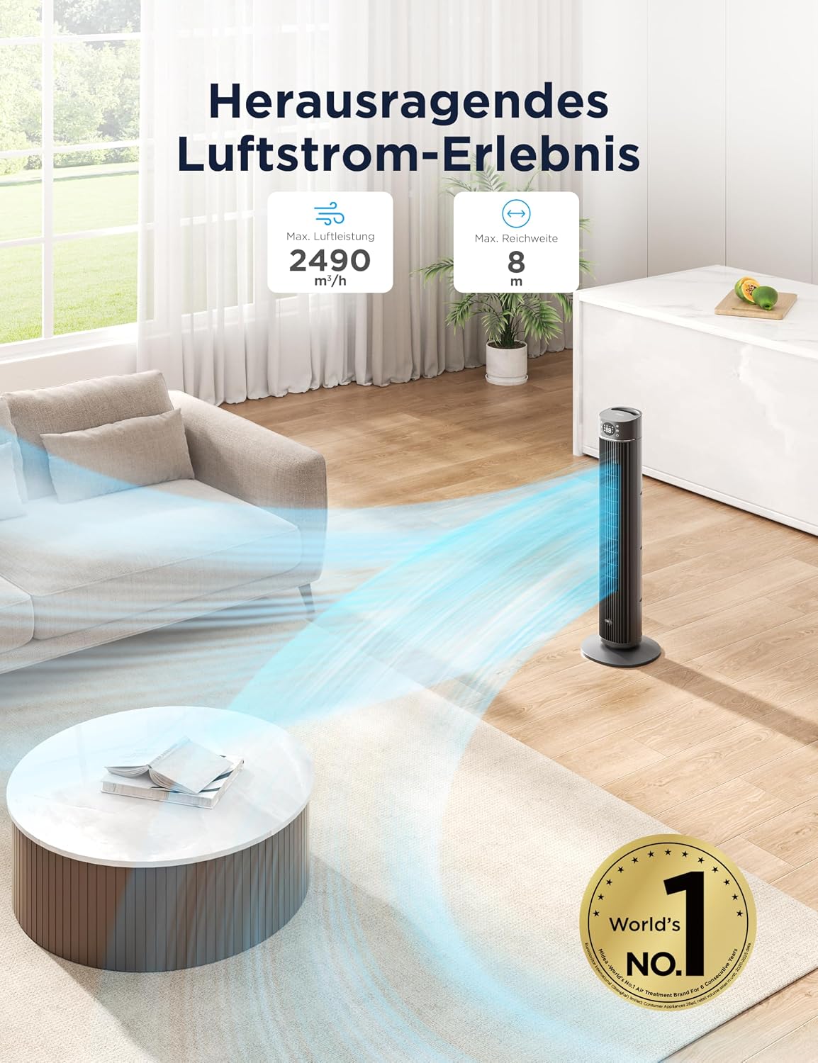Midea Turmventilator FZ10-26ARDW, 105cm, DC-Motor, App-Steuerung | 19dB Fluesterleise, 4 Modi, 12 Stufen, 24h Timer, Alexa & Google, fuer Schlafzimmer, Wohnzimmer & Buero