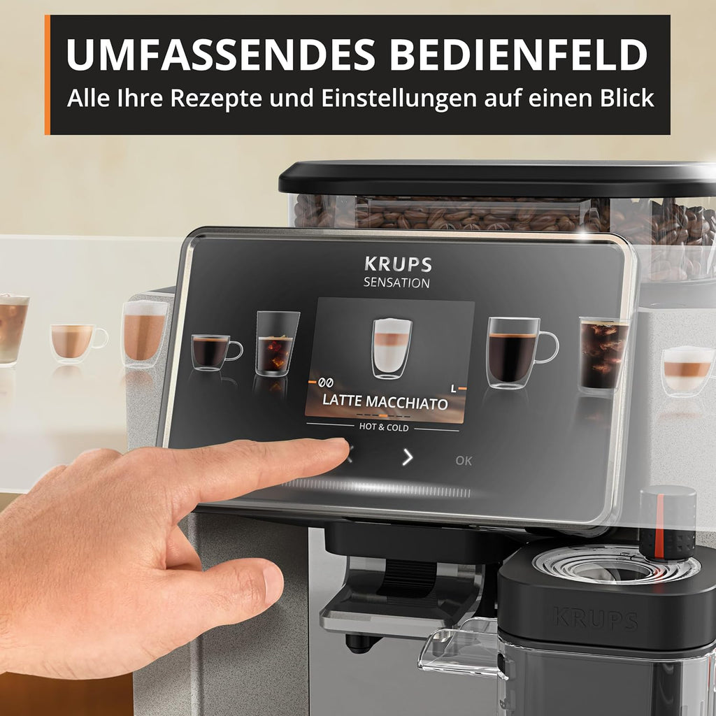 KRUPS Sensation Elite Kaffeevollautomat, 24 Heiß- und Kaltgetränke 2,8-Zoll-Bildschirm, Milk Maestro Technologie, Cold Brew Aroma Technologie, individualisierbare Favoriten, EA917EE0