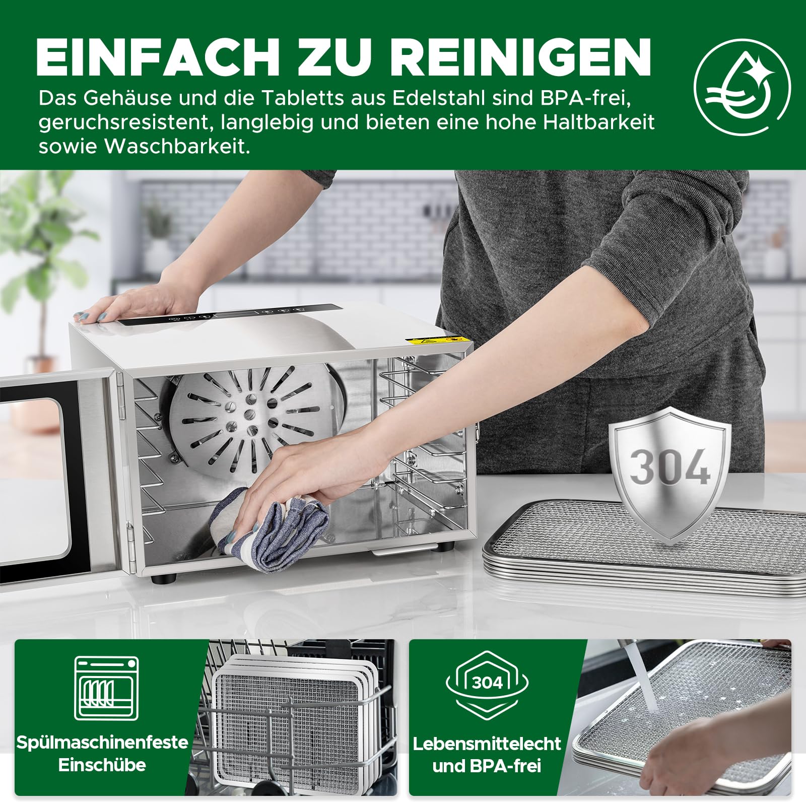 Kwasyo Dörrautomat Edelstahl DA 1000, XXL-Dörrfläche 1,8 m², Dörrgerät Temperatur einstellbar 30-90℃, LED-Display, 24 Std, BPA-frei, mit Rezeptheft, 10 Edelstahl-Dörrtablettso