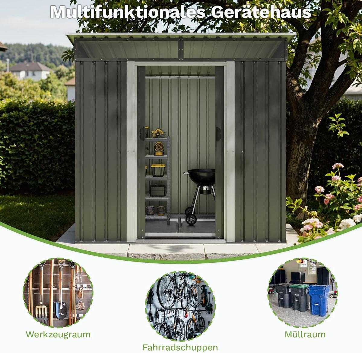 Devoko Metall Geräteschuppen 196x122x182cm mit Fundament, 4.2m³ Gerätehaus mit Oberlichte und Pultdach, Outdoor, Wetterfest, Fahrradschuppen, Gartenhaus für Terrasse, Rasen, Anthrazit