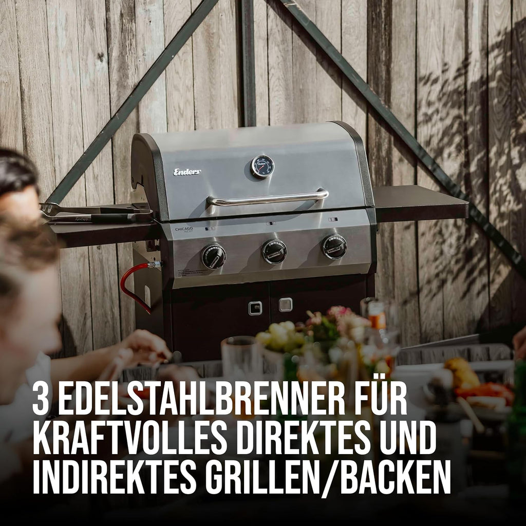 Enders® Gasgrill CHICAGO NEXT 3, 3 Edelstahlbrenner, doppelwandige Garhaube, 2 abklappbare Seitenablagen, integriertes Thermometer - Gussrost 9.6 kW, #89396