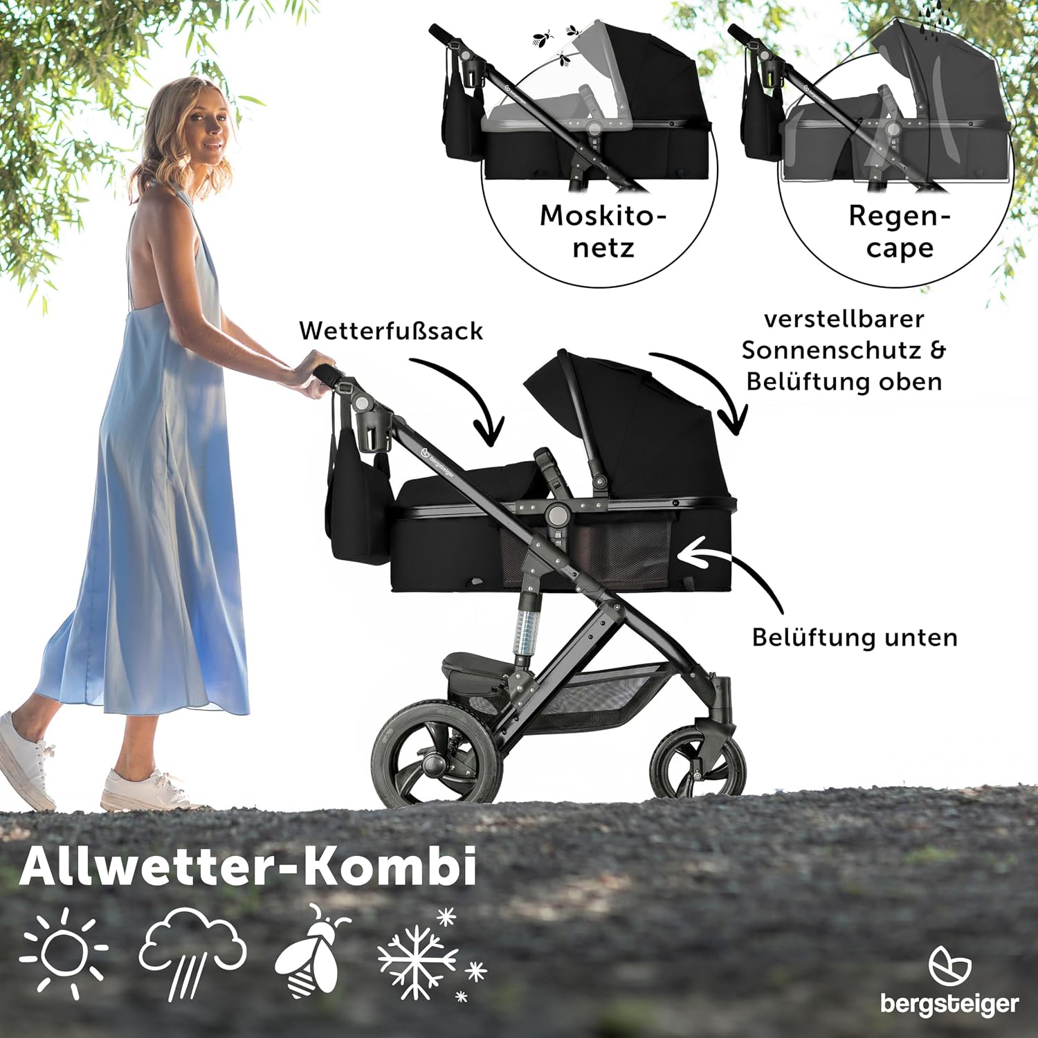 Bergsteiger Nizza Kombikinderwagen 3-in-1 Babywanne Buggy Sportsitz