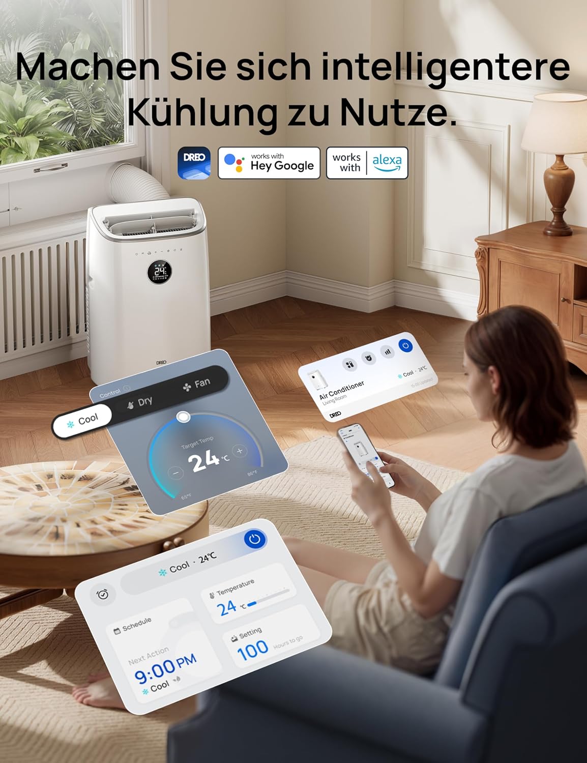DREO Klimaanlage Mobil, 7.500 BTU Mobiles Klimagerät für Schlafzimmer & Büro, 3-in-1 Kühlen/Ventilieren/Entfeuchten, App-/Sprachsteuerung/Fernbedienung, drainagefrei, Fenster-Set, 2,5 L/h, AC318S