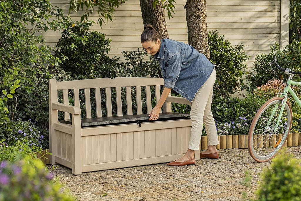 Keter Sitzbank Eden für Balkon und Garten, Gartenbank mit integrierter Kissenbox mit 265 l Stauraum, 140x60x84cm, wetterfest, pflegeleicht, beige, Outdoor, Holzoptik