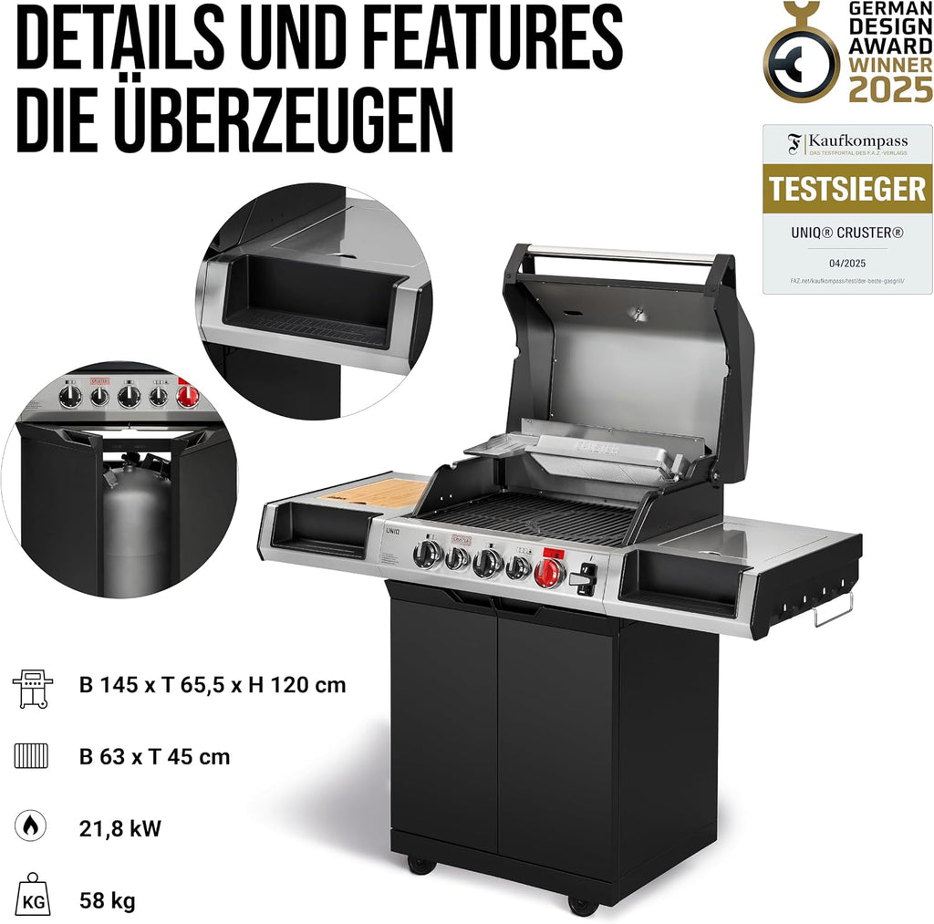 Enders® Gasgrill UNIQ 3 IK CRUSTER®, 3-Edelstahlbrenner, mehrstufige Drehregler, 800 °C TURBO ZONE™, SWITCH GRID™, HEAT RANGE™, SIMPLE CLEAN™, doppelwandige Garhaube, GN ½ Container #8700