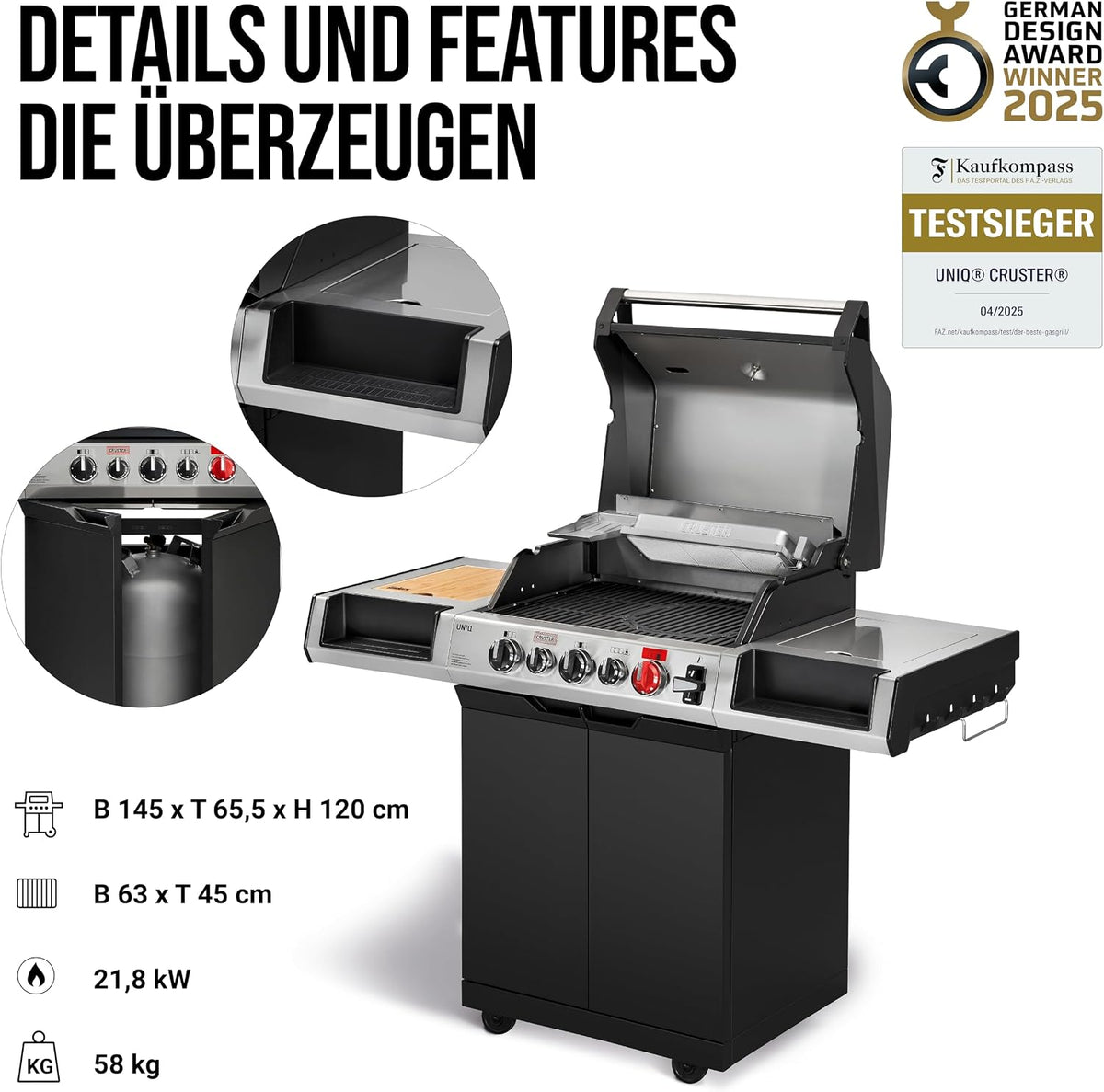 Enders® Gasgrill UNIQ 3 IK CRUSTER®, 3-Edelstahlbrenner, mehrstufige Drehregler, 800 °C TURBO ZONE™, SWITCH GRID™, HEAT RANGE™, SIMPLE CLEAN™, doppelwandige Garhaube, GN ½ Container #8700