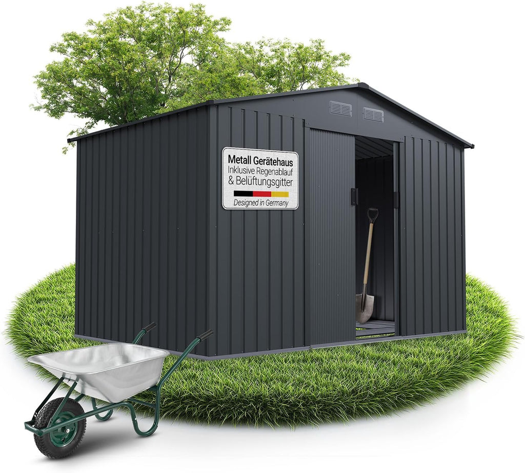 Juskys Geräteschuppen Metall XL – Gartenhaus & Gerätehaus mit Schiebetür, Fundamentrahmen & Schloss, wetterfester Gartenschrank zur Aufbewahrung – Dunkelgrau