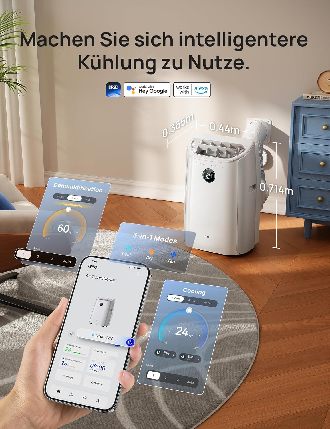 DREO Klimaanlage Mobil, 10.000 BTU Tragbares Klimagerät für Schlafzimmer, 3-in-1 Kühlen/Ventilieren/Entfeuchten, drainagefreie Kühlung, App-/Sprachsteuerung/Fernbedienung, 24h-Timer, AC515S