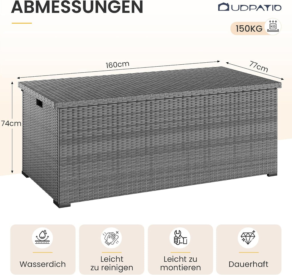 UDPATIO Gartenbox Wasserdicht 870L, Aufbewahrungsbox Garten XXXL, Auflagenbox Wetterfest, Kissenbox Outdoor mit Deckel, Gasdruckfedern, ideal für Garten, Terrasse & Balkon | Grau