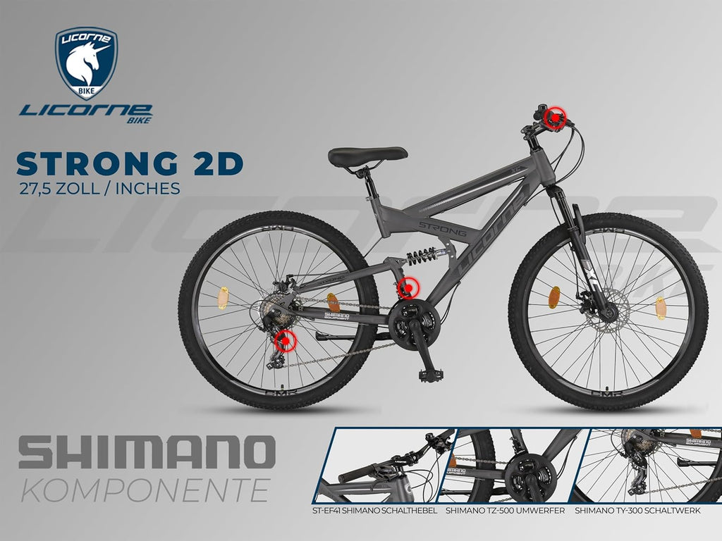 Licorne Bike Strong 2D Premium Mountainbike in 26, 27.5 und 29 Zoll Fahrrad für Jungen Mädchen Damen und Herren Scheibenbremse vorne und hinten 21 Gang Schaltung Vollfederung