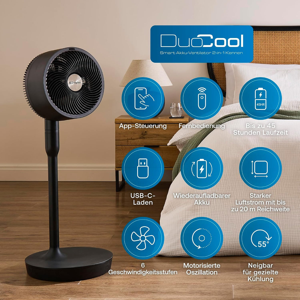 Dimplex DUOCOOL Smart Wireless 2-in-1 Akku-Ventilator – 45h, 36dB, IP54, 20m, Alexa, App, Schwarz