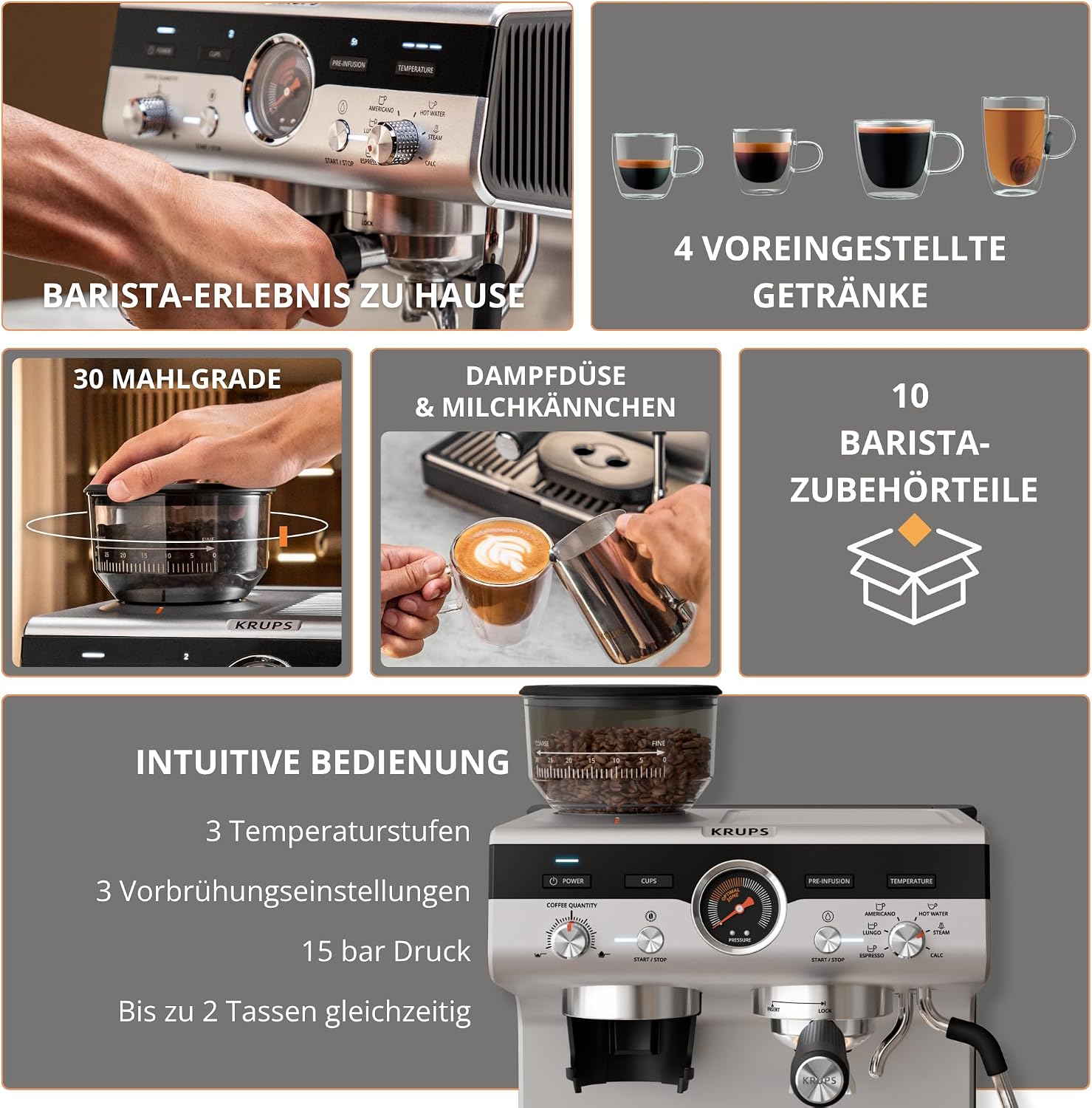 Krups Precision manuelle Siebträgermaschine mit Mahlwerk, Barista Kaffeemaschine mit intuitiver Bedienfläche, Pre-Infusion-Einstellungen, Espressomaschine mit Dampfdüse, schnelles Aufheizen, XP801T10