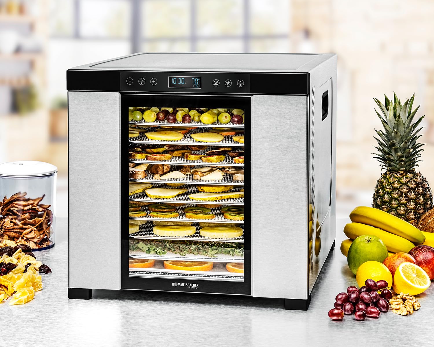 ROMMELSBACHER Dörrautomat DA 1000, XXL-Dörrfläche 1,6 m², inkl. 10 Edelstahl-Dörrtabletts, 2 Dörrgitter, 2 Dörrmatten, LED-Display, 24 Std. Zeitschaltuhr, Temperatur einstellbar (35 °C – 75 °C)o