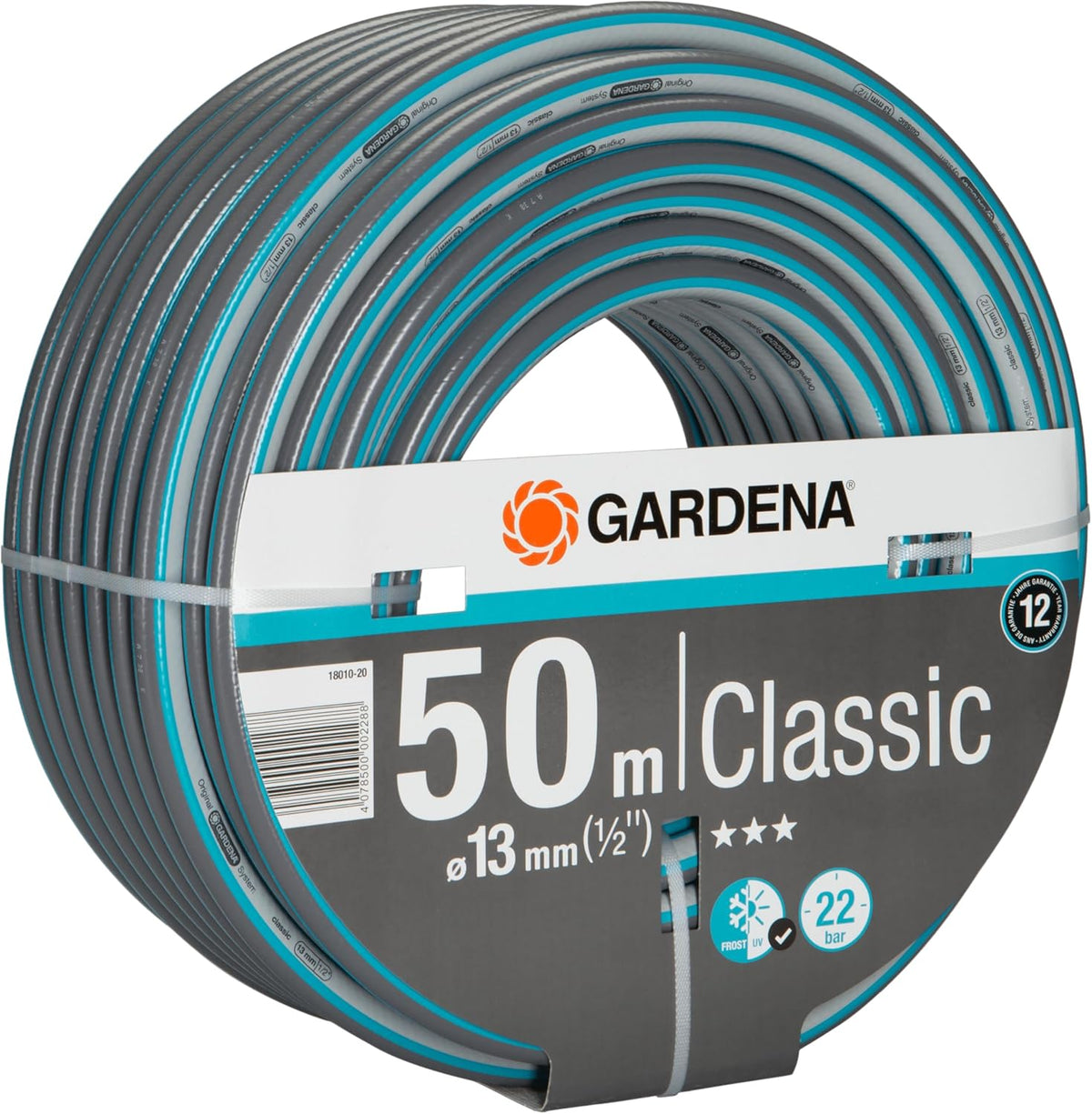 Gardena Classic Schlauch 13 mm (1/2 Zoll), 50 m ohne systemteile: Universeller Gartenschlauch aus robustem Kreuzgewebe, 22 bar Berstdruck, druck- und UV-beständig (18010-20), grau/blau