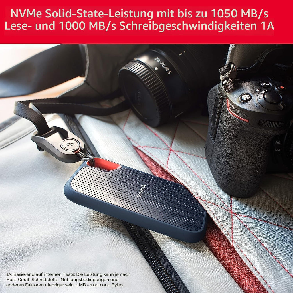SANDISK Extreme Portable SSD 1 TB (tragbare NVMe SSD, USB-C, bis zu 1.050 MB/s Lesen, bis 1.000 MB/s Schreiben, Wasser- und staubbeständig) Schwarz