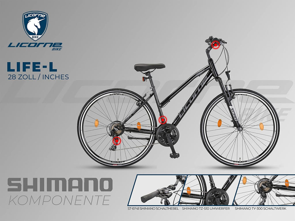 Licorne Bike Premium Trekking Bike in 28 Zoll - Fahrrad für Jungen, Mädchen, Damen und Herren - Shimano 21 Gang-Schaltung - Mountainbike - Crossbike - Life-L-V - Schwarz/Grau