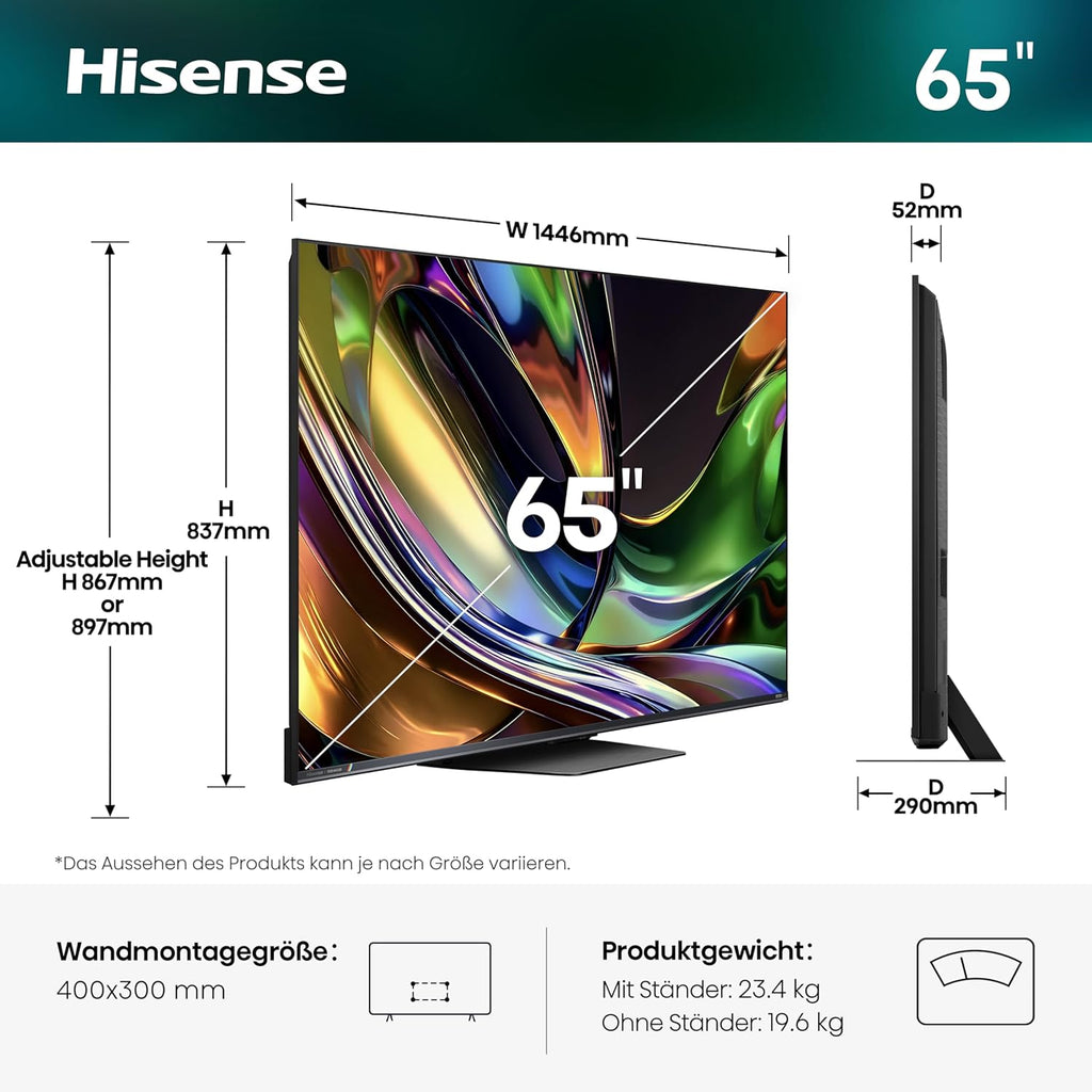 Hisense 65UR8DS Fernseher 65 Zoll, 4K UHD, RGB Mini LED, Smart TV, 180Hz, Hi-View AI Engine RGB, Dolby Vision.Atmos, AI RGB Lichtsensor, AI 4K Upscaler, AMD FreeSync Premium Pro, Tuned by Devialet